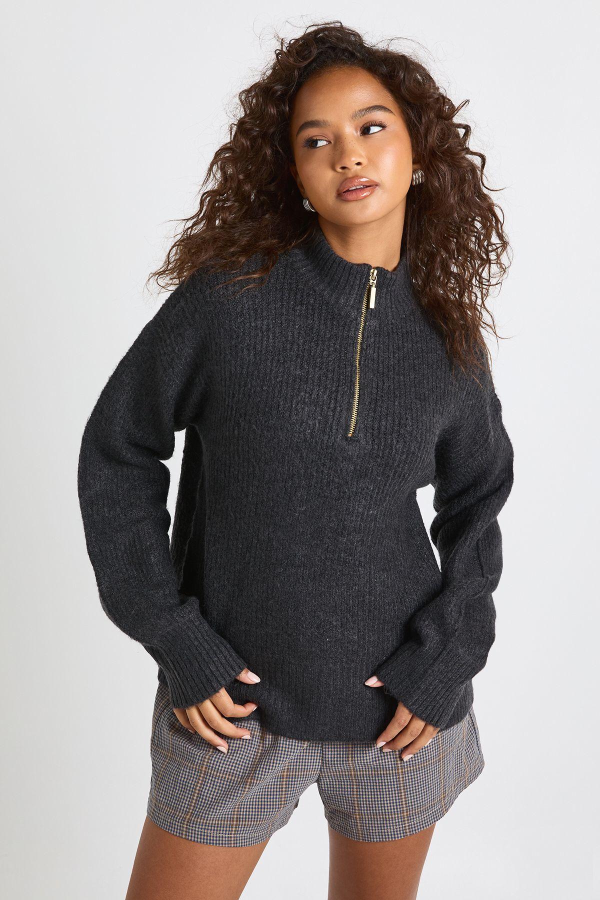 Soft Knit Oversized Knitted Zip Neck Jumper by BOOHOO