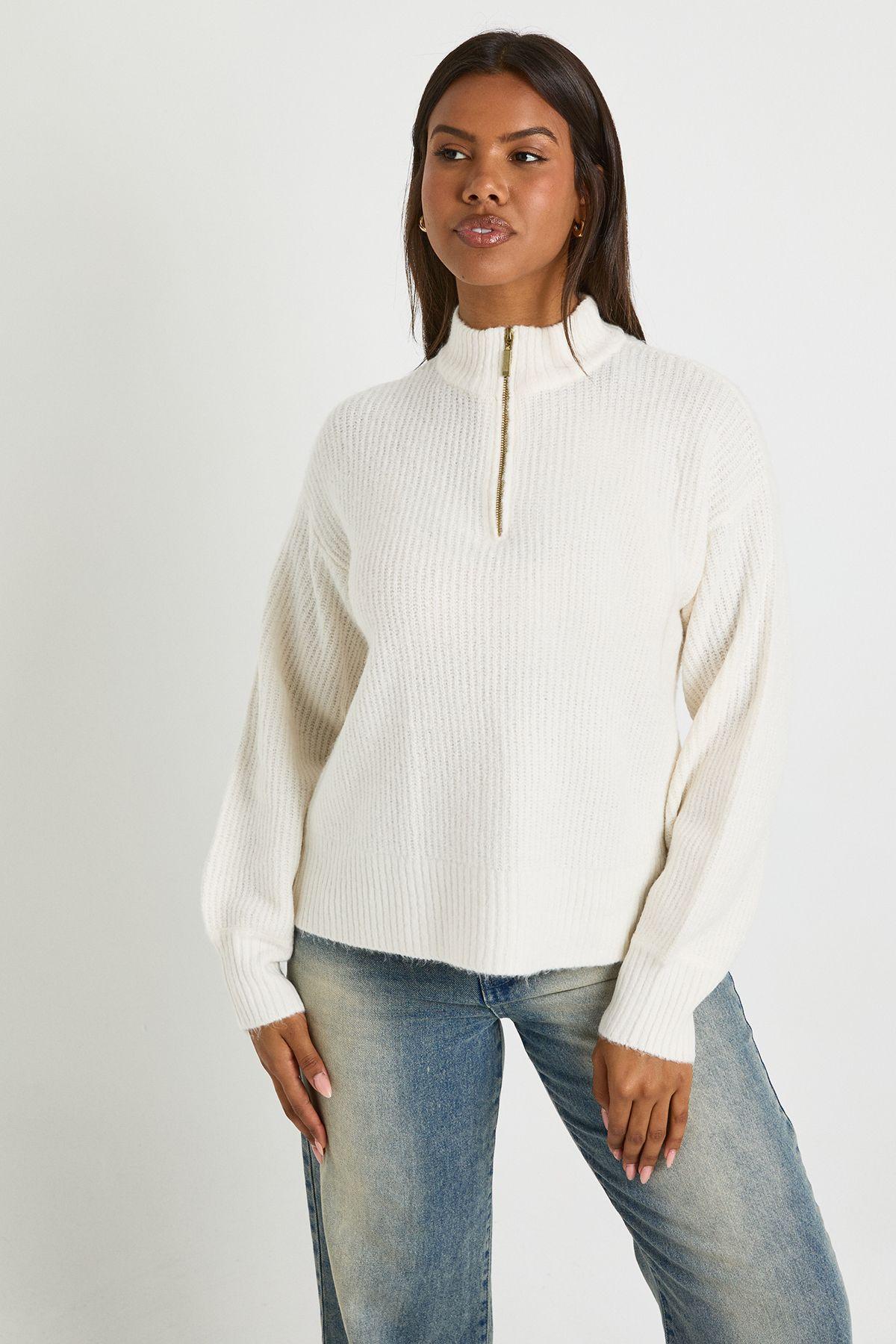 Soft Knit Oversized Knitted Zip Neck Jumper by BOOHOO
