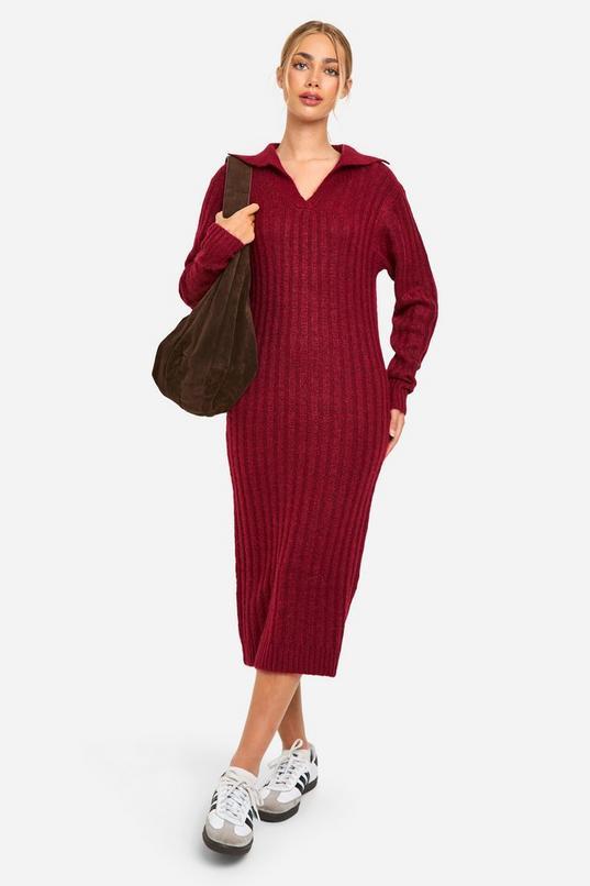 Soft Knit Thick Rib Collar Detail Midaxi Dress by BOOHOO