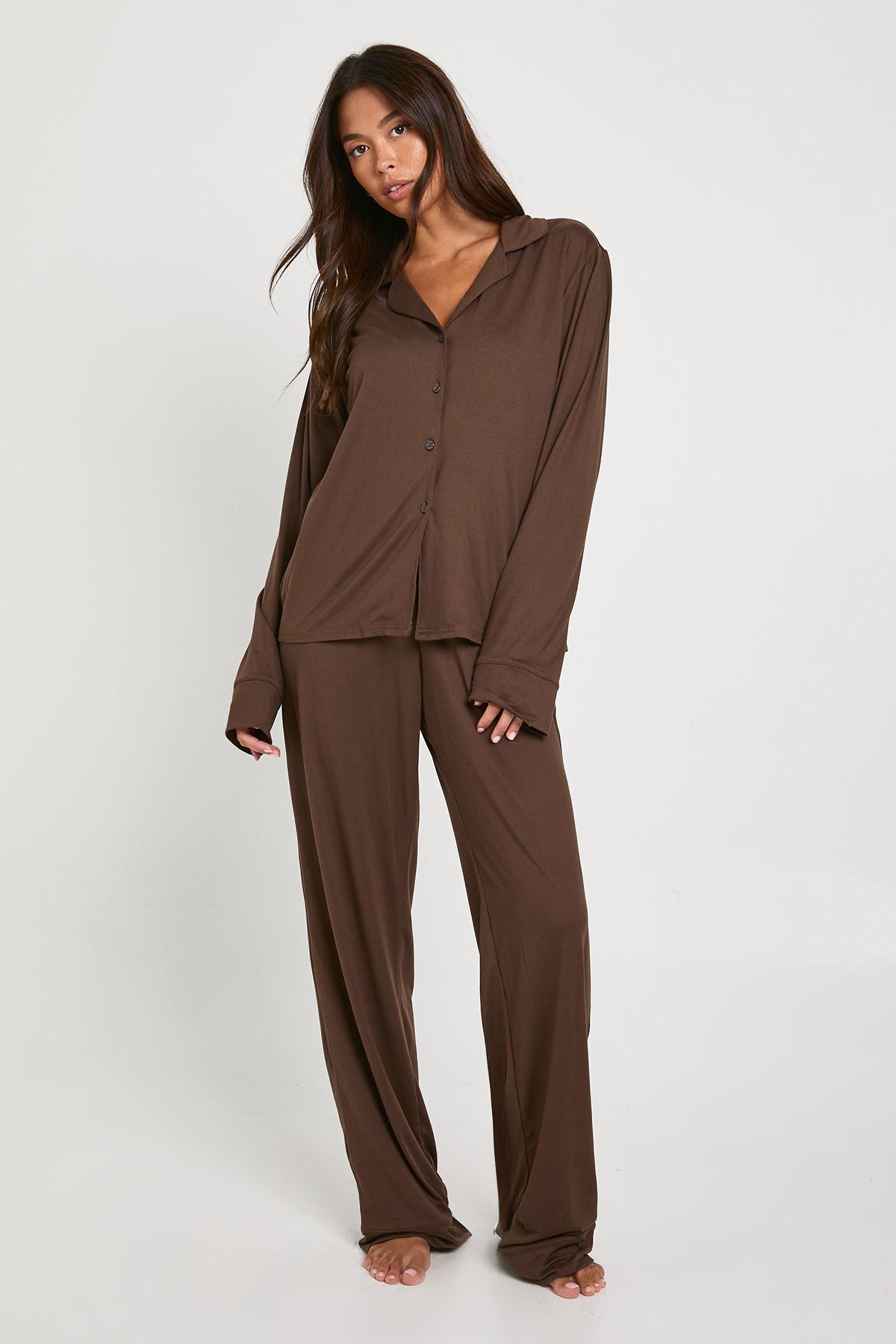 Soft Touch Button Through Shirt and Trouser Pyjama Set by BOOHOO