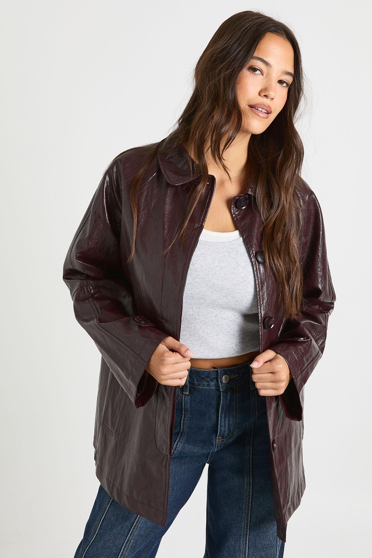 Soft Touch Faux Leather Short Trench Coat by BOOHOO Soft Touch Faux Leather Short Trench Coat by BOOHOO