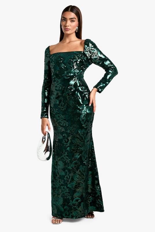 Square Neck Demask Sequin Maxi Dress by BOOHOO