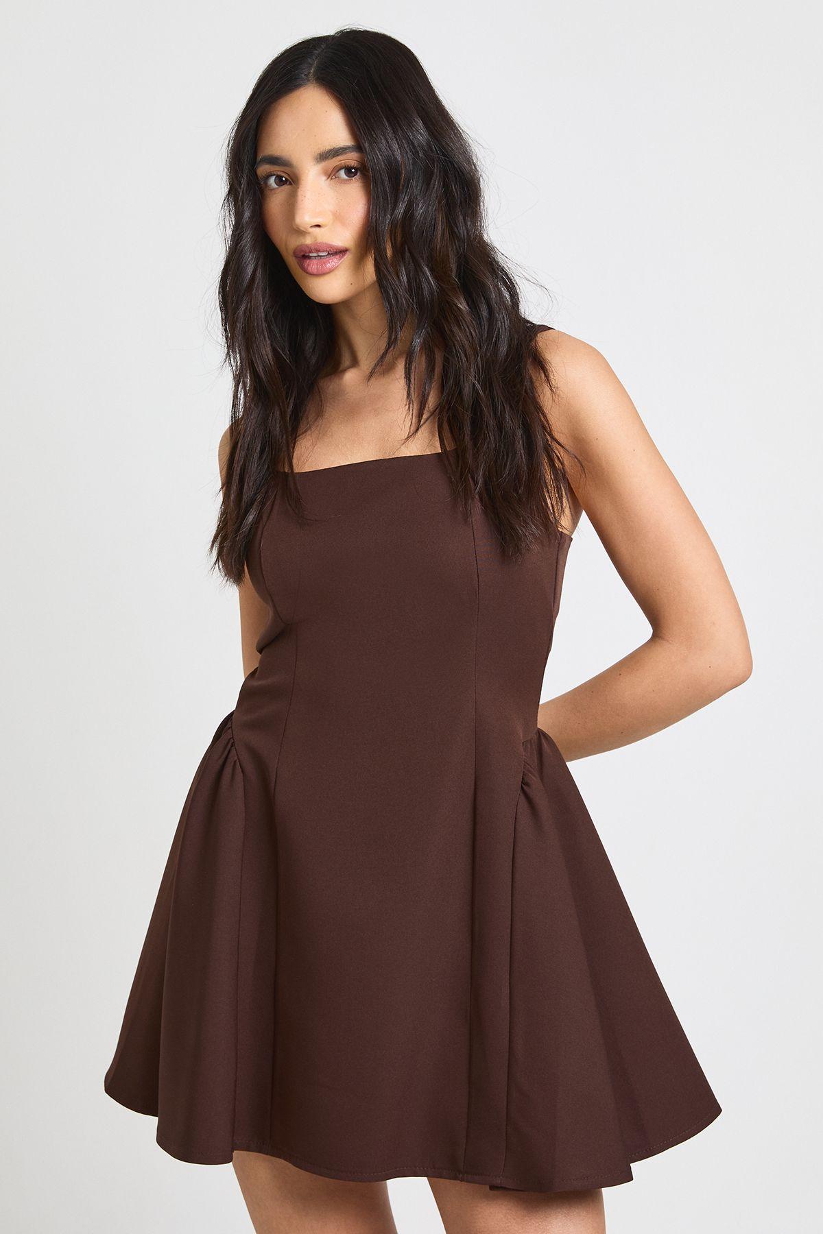 Square Neck Full Skirt Mini Dress by BOOHOO