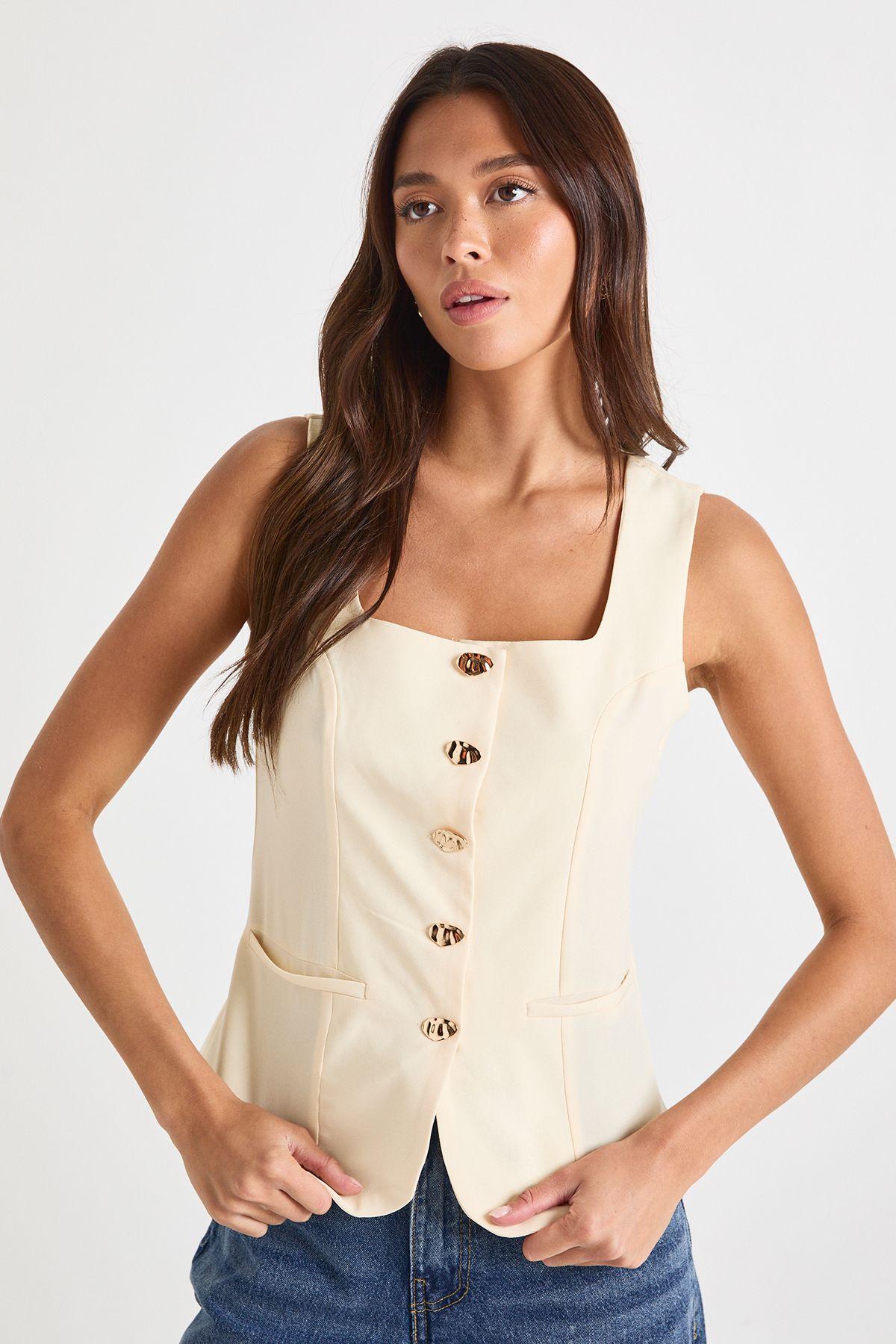 Square Neck Gold Button Waistcoat by BOOHOO