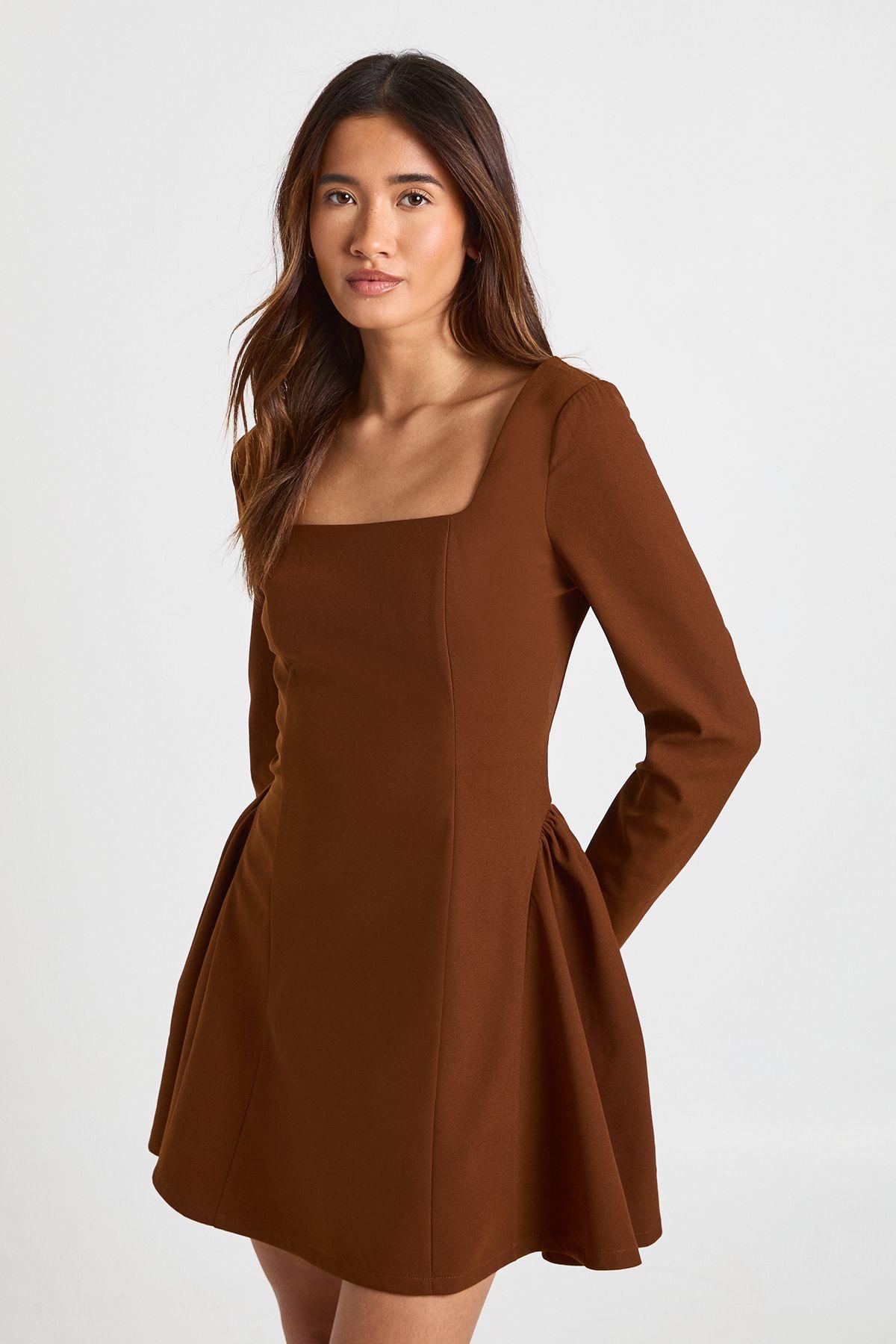 Square Neck Long Sleeve Full Skirt Mini Dress by BOOHOO