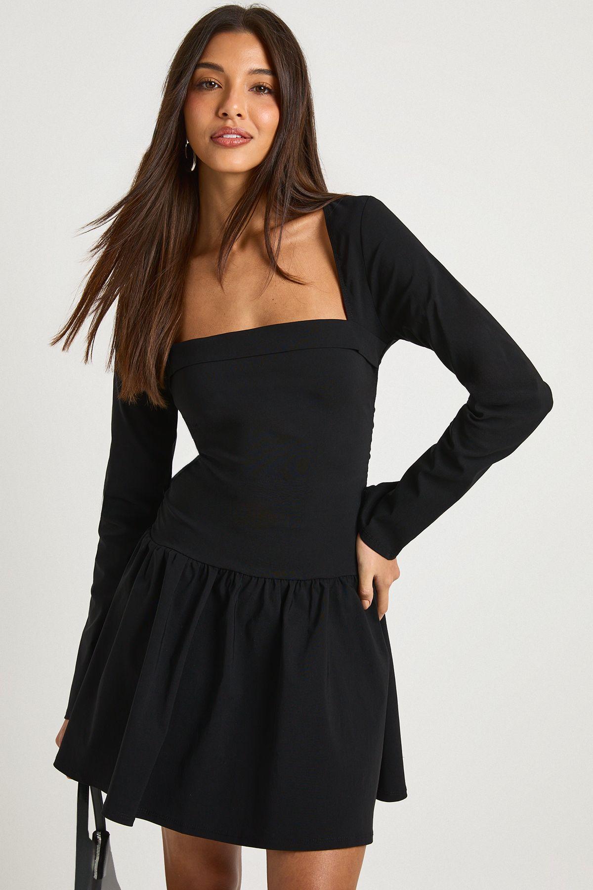 Square Neck Long Sleeve Skater Mini Dress by BOOHOO