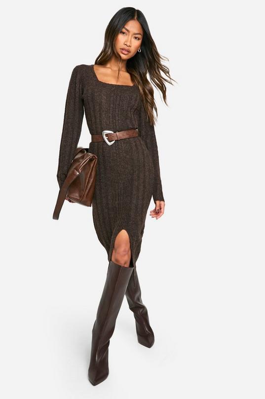 Square Neck Mixed Rib Knitted Midaxi Dress by BOOHOO