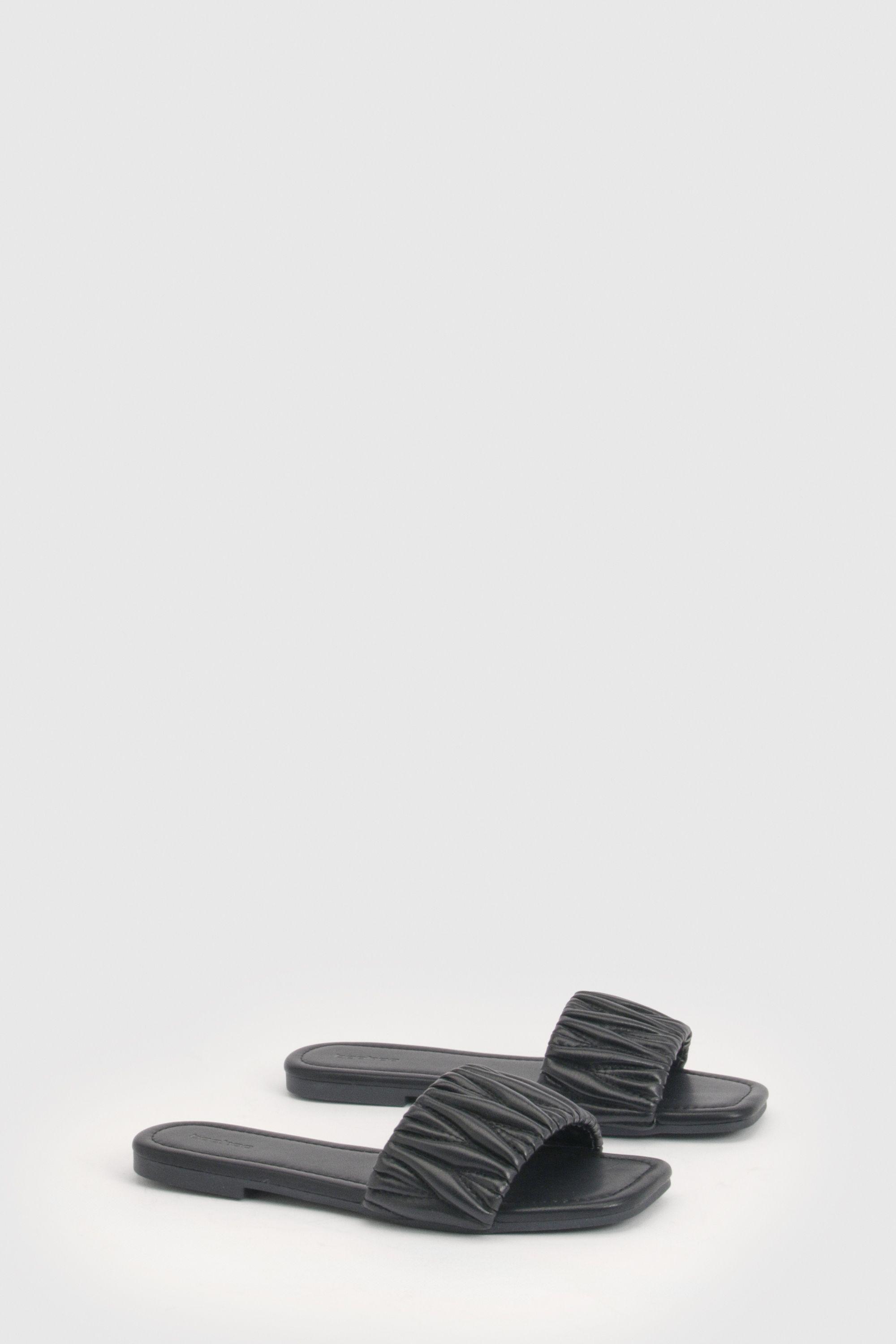 Square Toe Padded Textured Sliders by BOOHOO