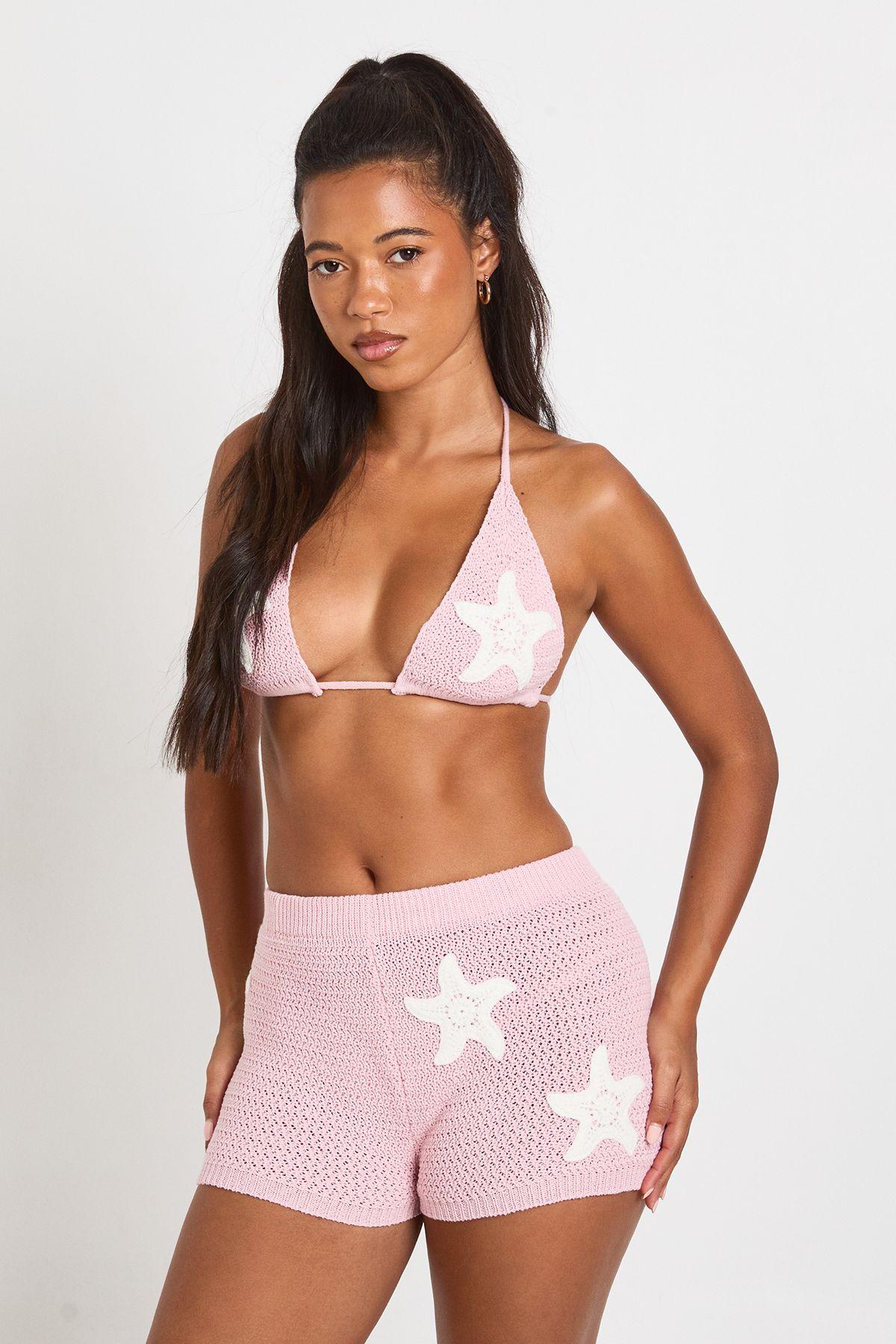 Starfish Applique Crochet Knit Bikini and Micro Short Co-Ord by BOOHOO