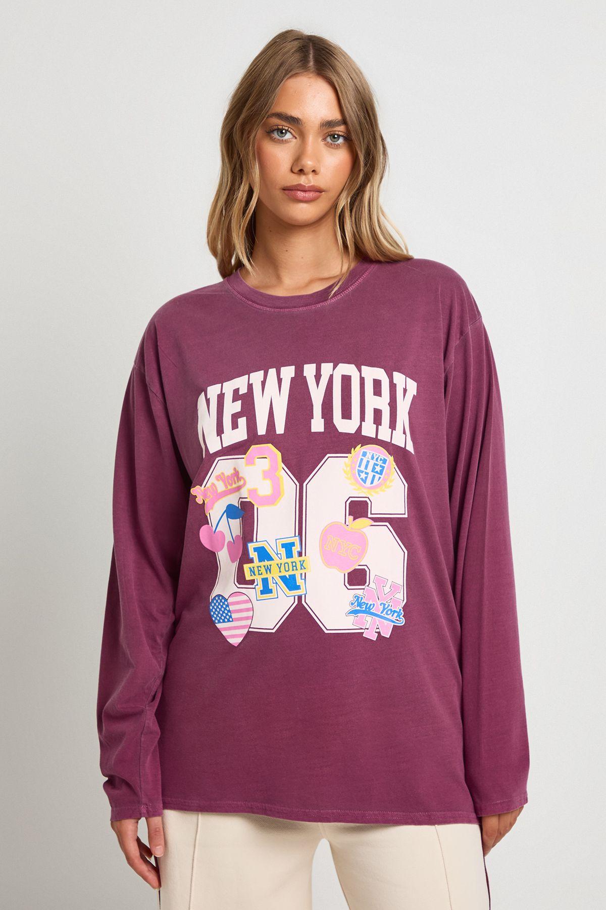 Stickered Varsity Printed Oversized Long Sleeve T-Shirt by BOOHOO
