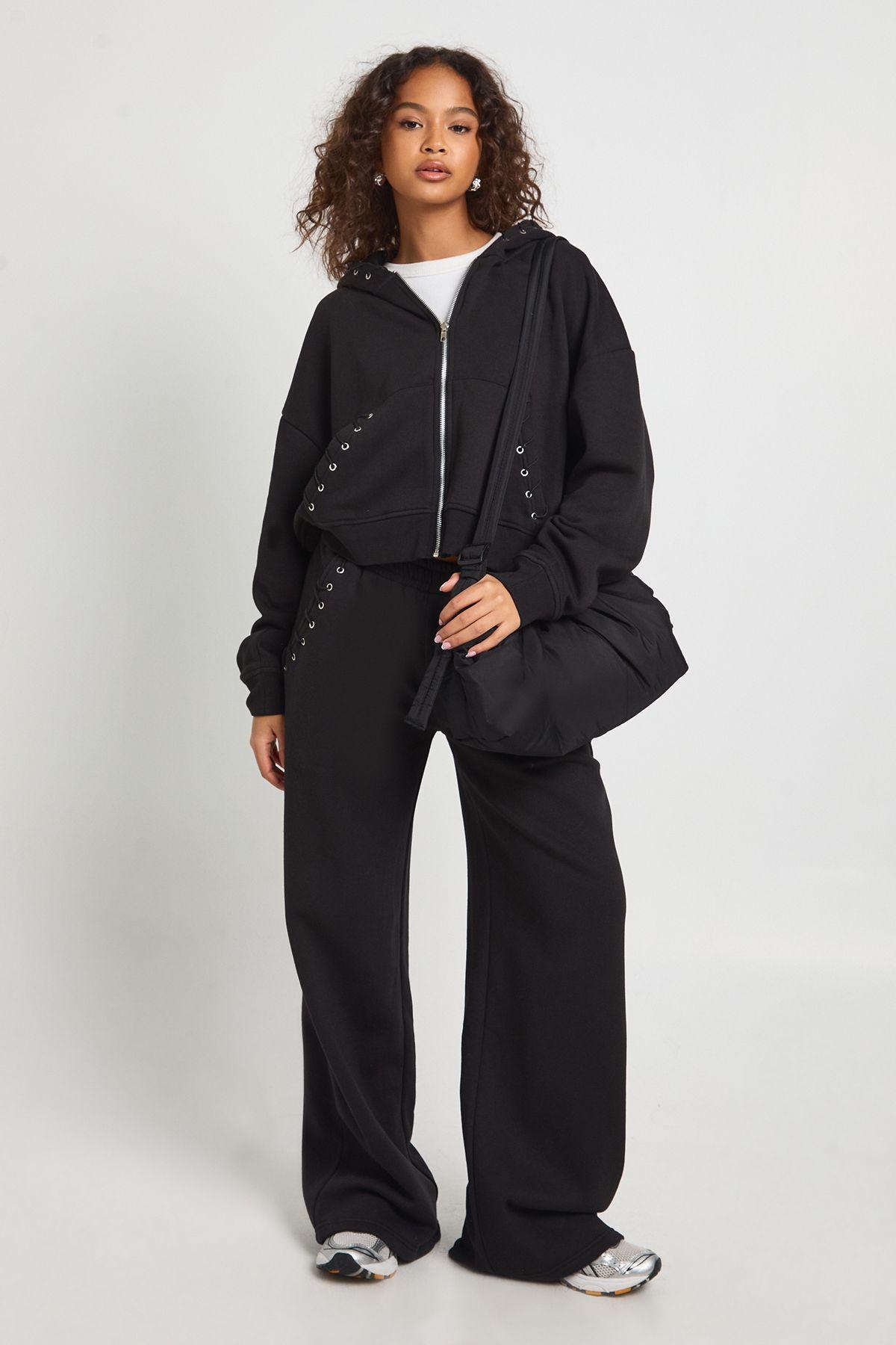 Stitch Detail Zip Through Hoodie And Wide Leg Jogger Tracksuit by BOOHOO