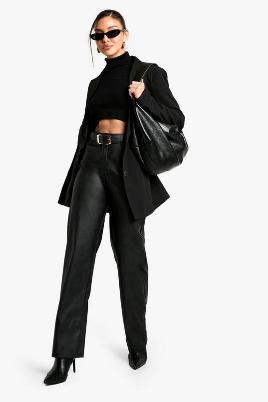 Straight Leg Leather Look Trousers by BOOHOO