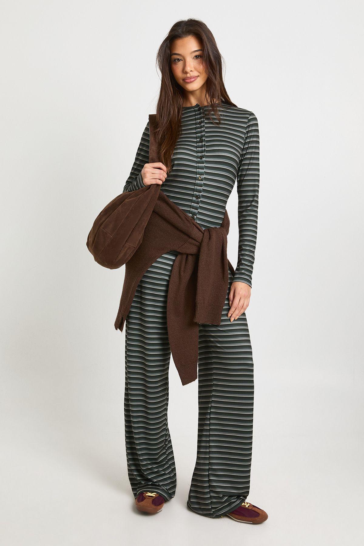 Stripe Button Through Long Sleeve Top & Trouser Co Ord by BOOHOO