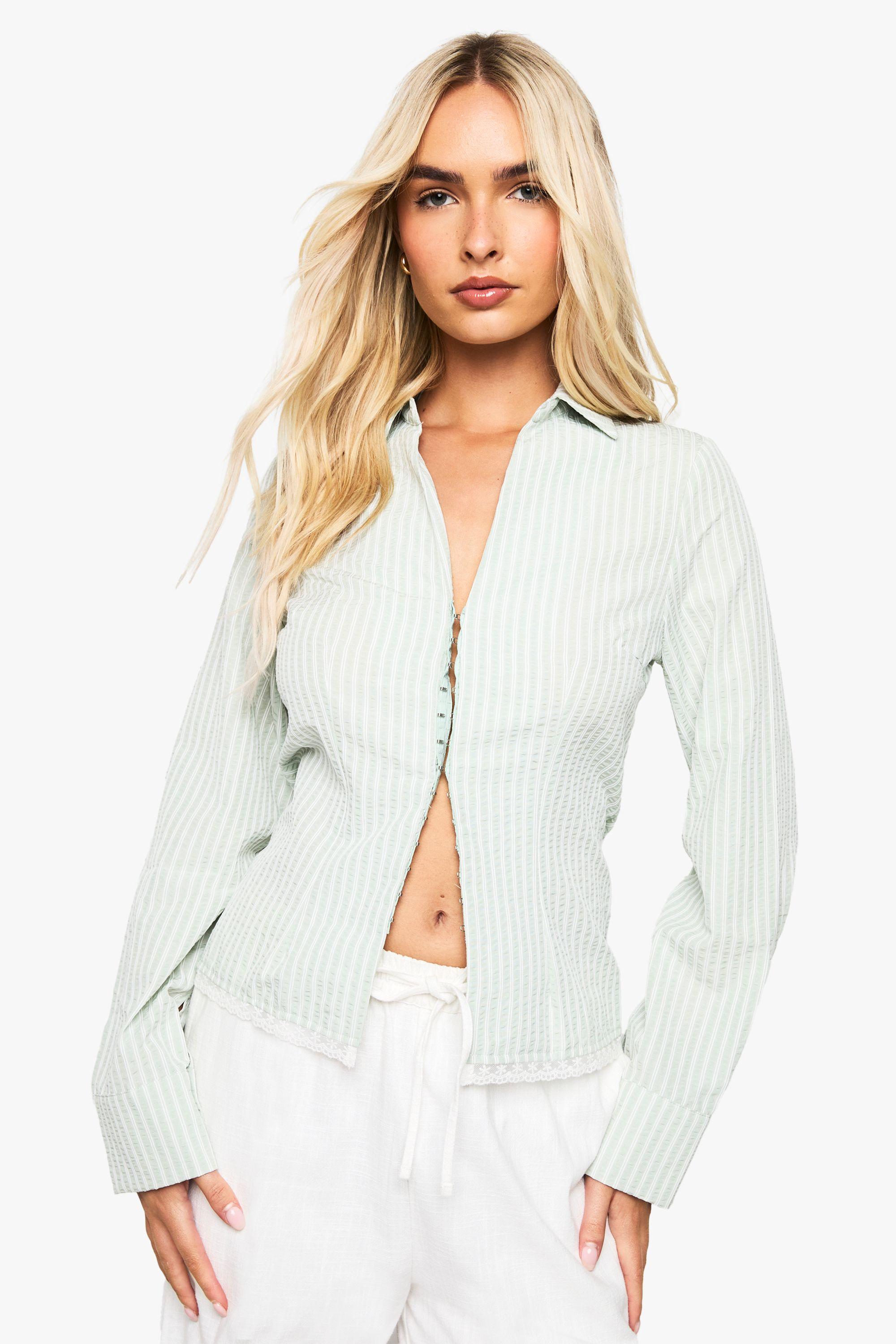 Stripe Cinched Waist Lace Trim Shirt by BOOHOO