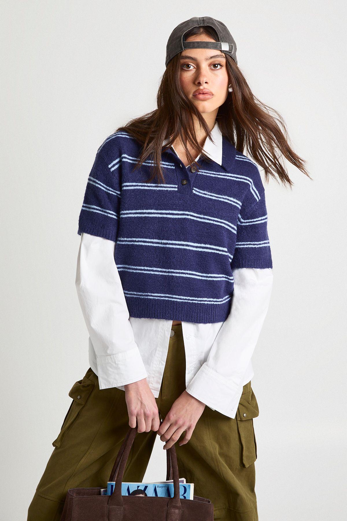Stripe Collared Oversized Knitted Top by BOOHOO