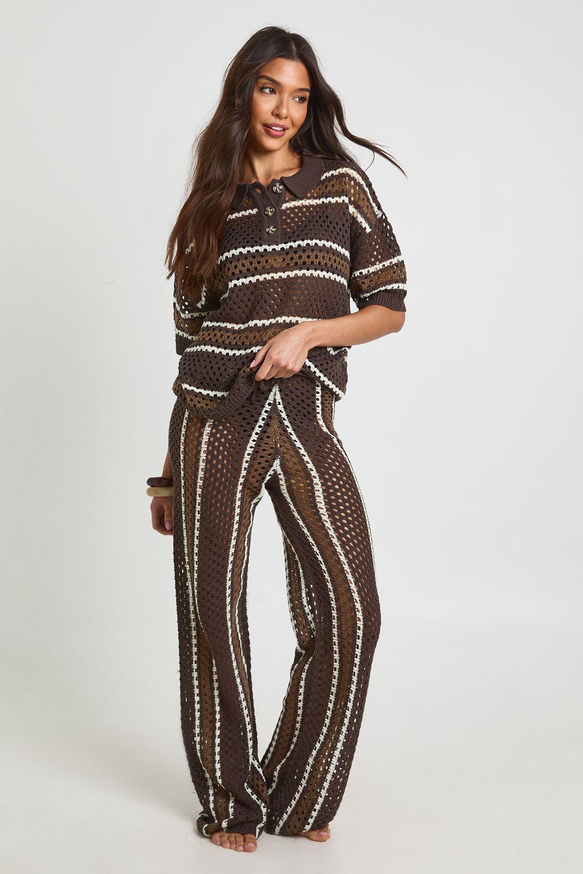 Stripe Crochet Beach Button Down Shirt and Wide Leg Trouser Co-Ord by BOOHOO