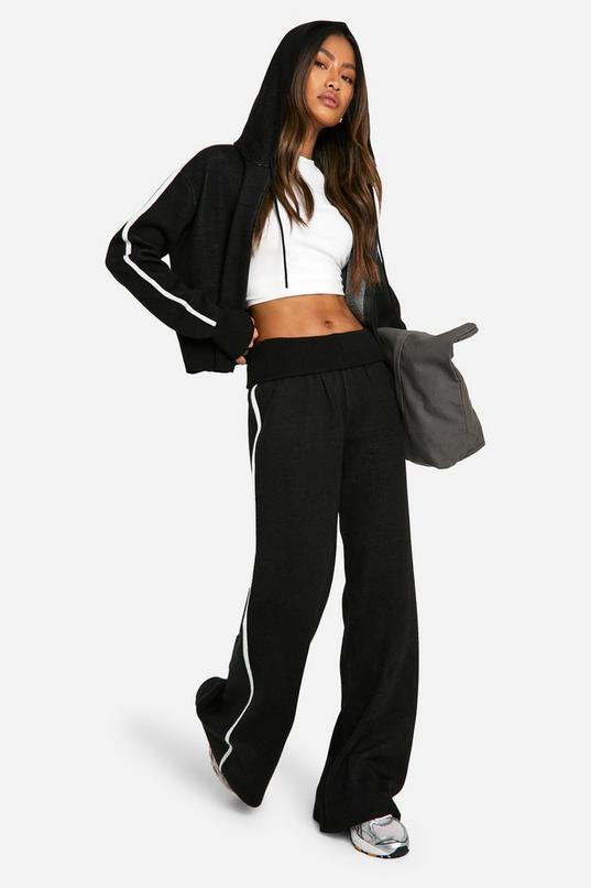 Stripe Detail Knitted Hoody And Waist Detail Flared Trouser by BOOHOO