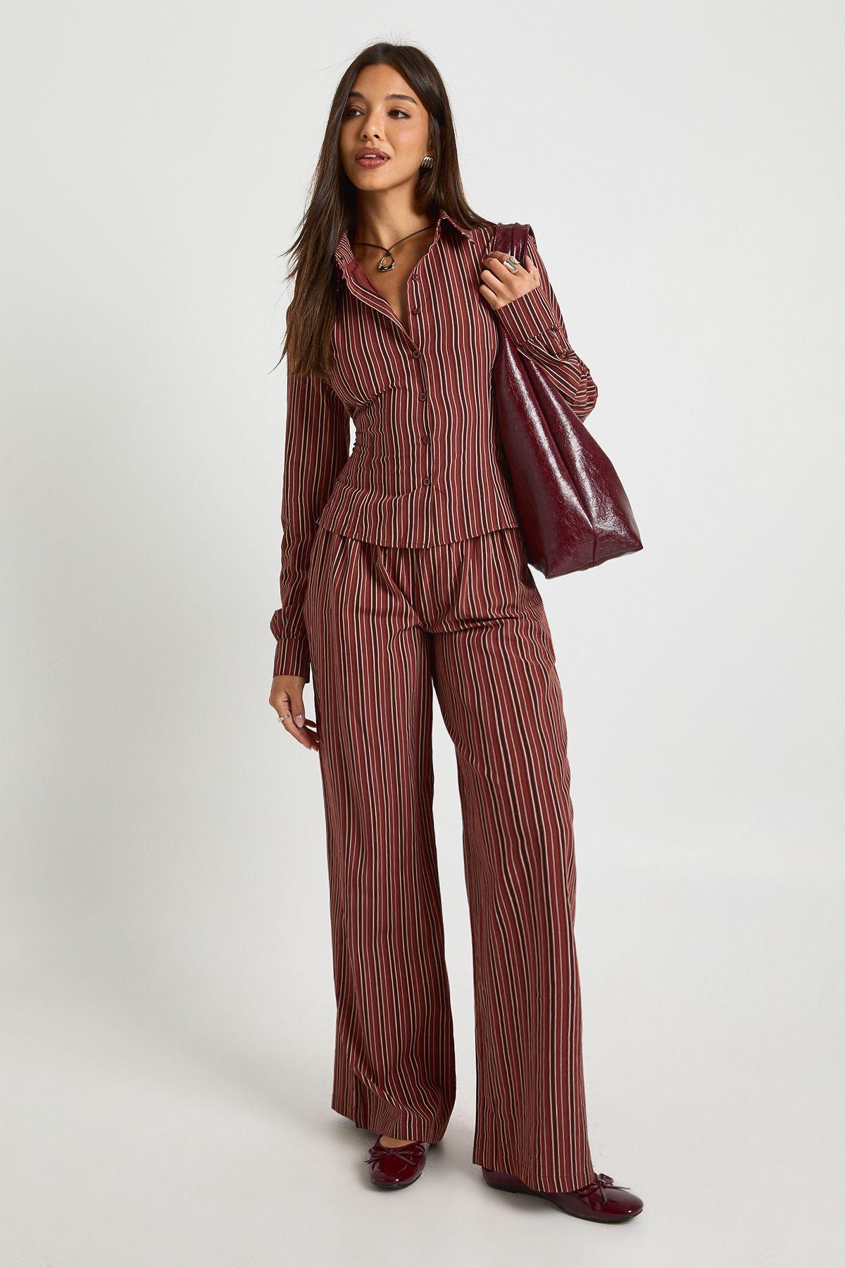 Stripe Drawstring Waist Wide Leg Trousers by BOOHOO