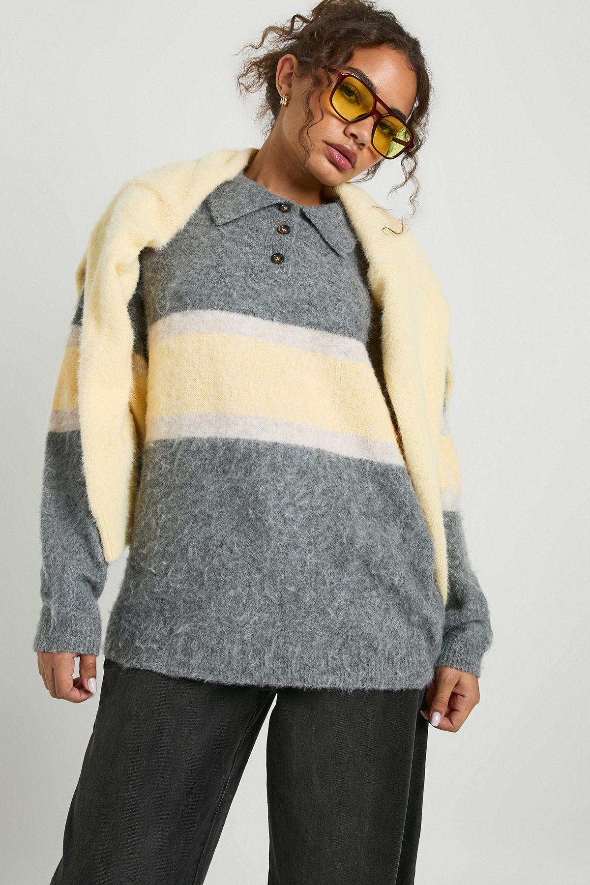Stripe Front Button Down Collar Oversized Jumper by BOOHOO