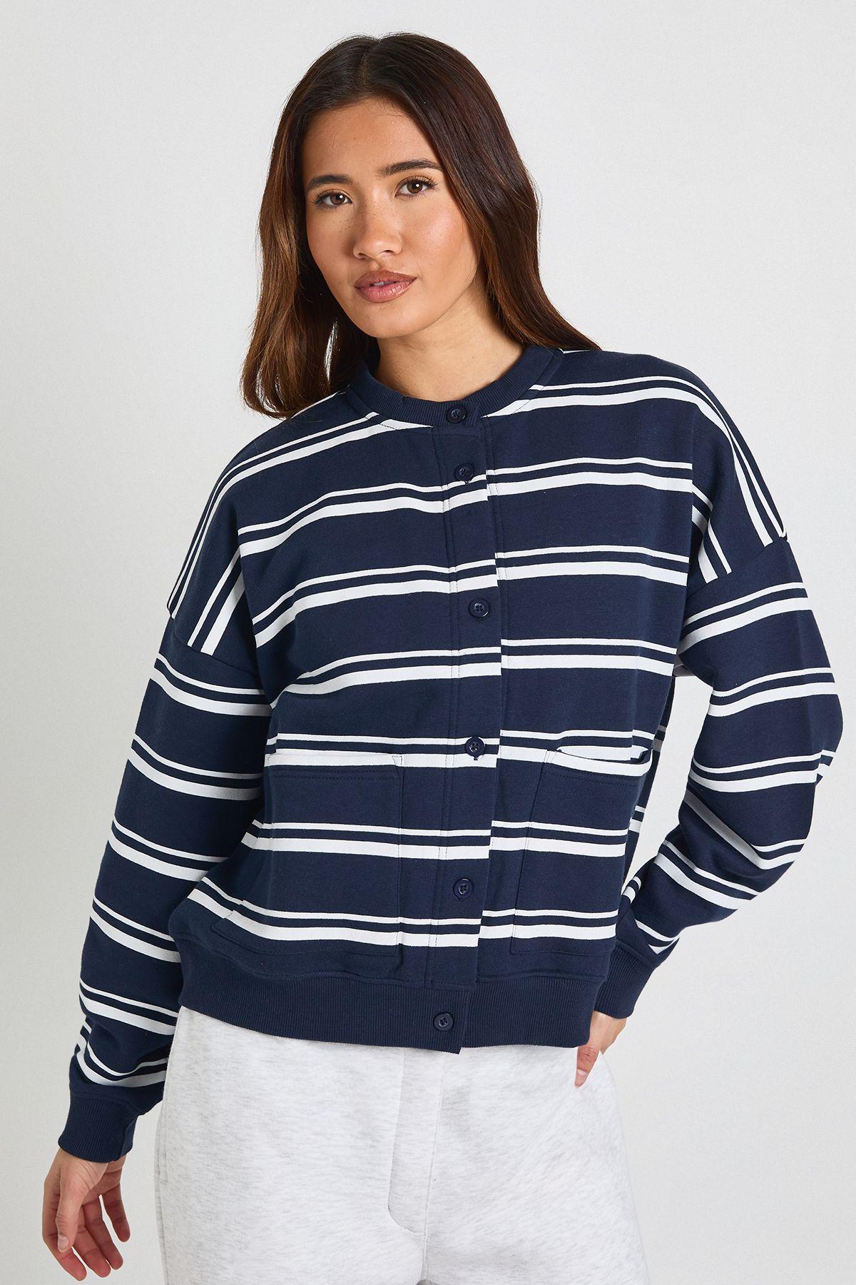 Stripe High Neck Cardigan Sweatshirt by BOOHOO