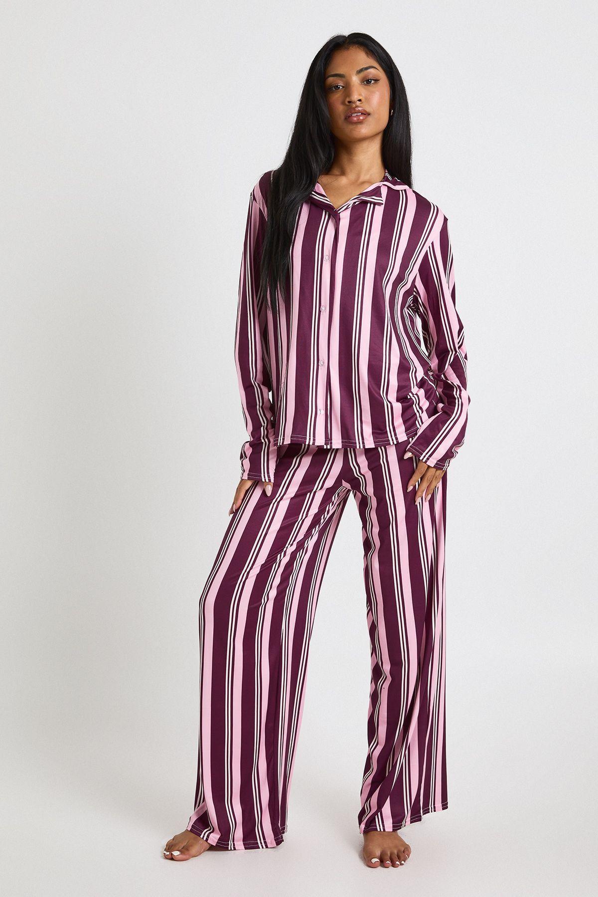 Stripe Long Sleeve Shirt & Trousers Pyjama Set by BOOHOO Stripe Long Sleeve Shirt & Trousers Pyjama Set by BOOHOO