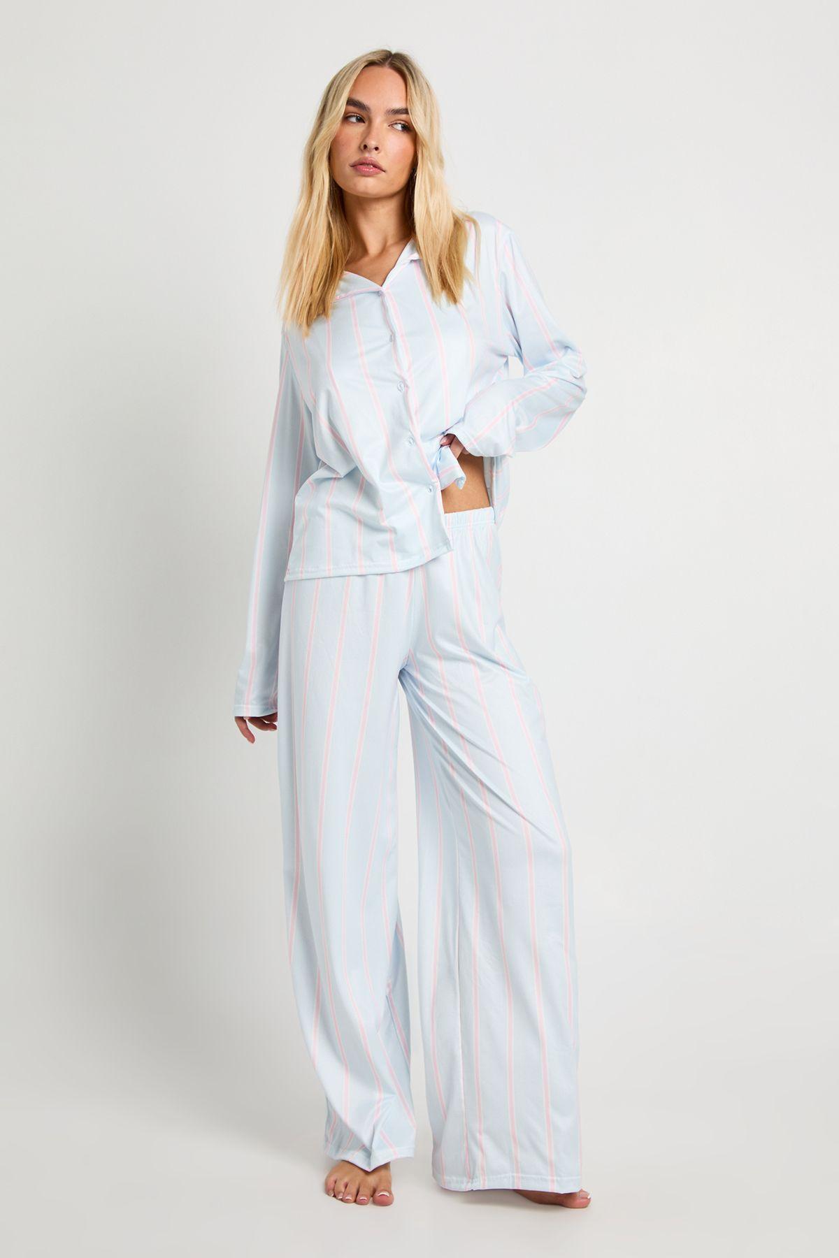 Stripe Long Sleeve Shirt & Trousers Pyjama Set by BOOHOO