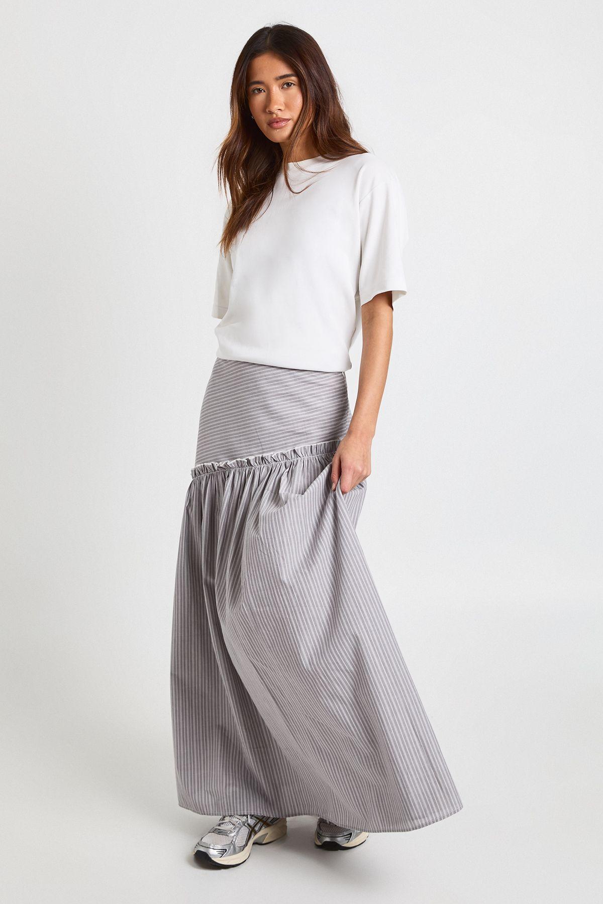 Stripe Poplin Asymmetric Maxi Skirt by BOOHOO