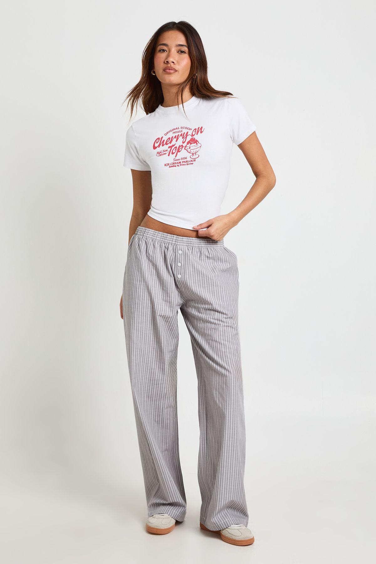 Stripe Poplin Henley Button Trousers by BOOHOO