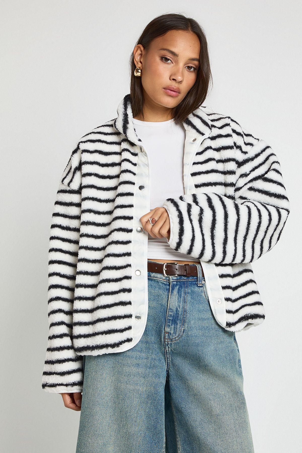 Stripe Print Boxy Teddy Jacket by BOOHOO