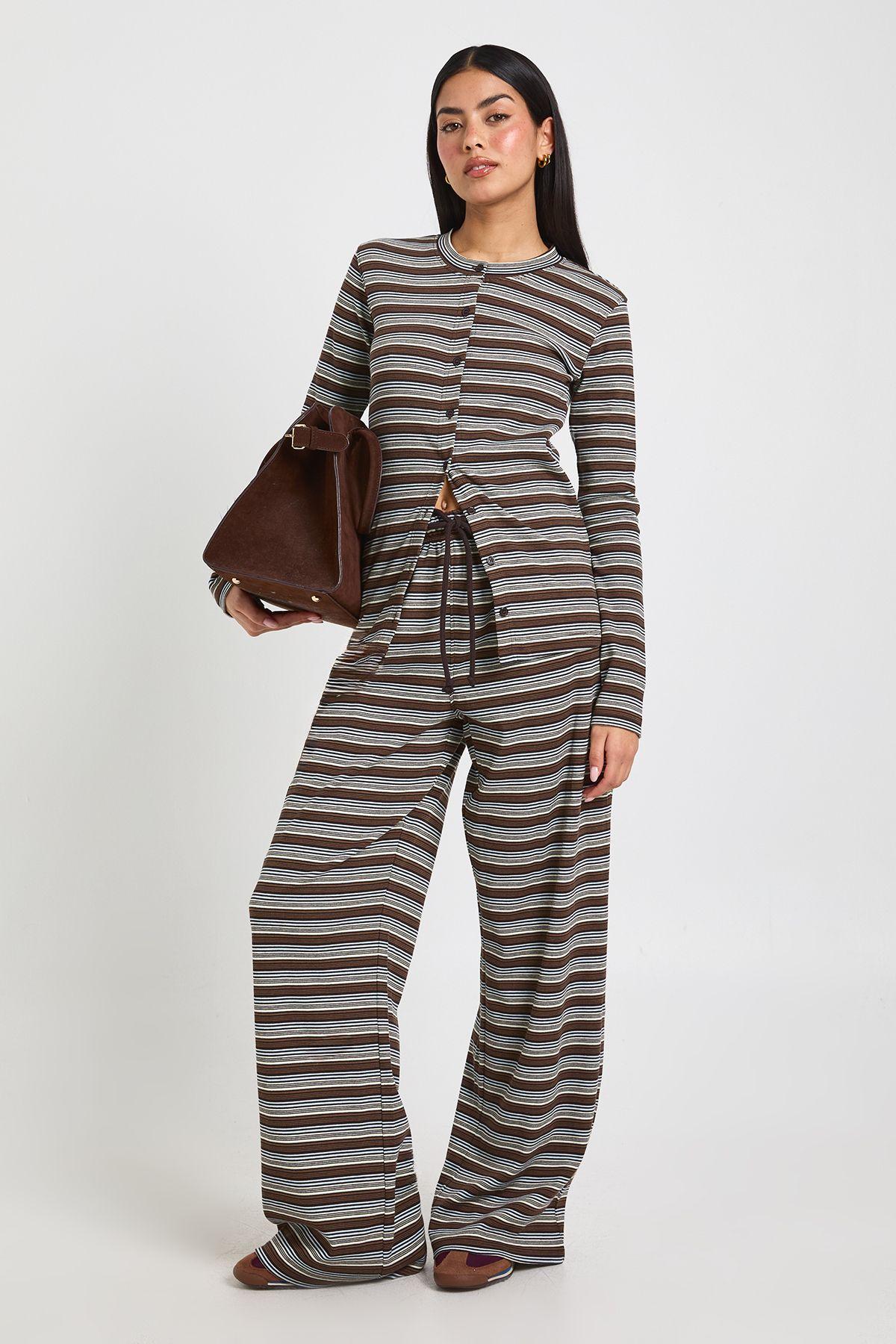 Stripe Rib Button Through Long Sleeve Top & Trouser Co Ord by BOOHOO