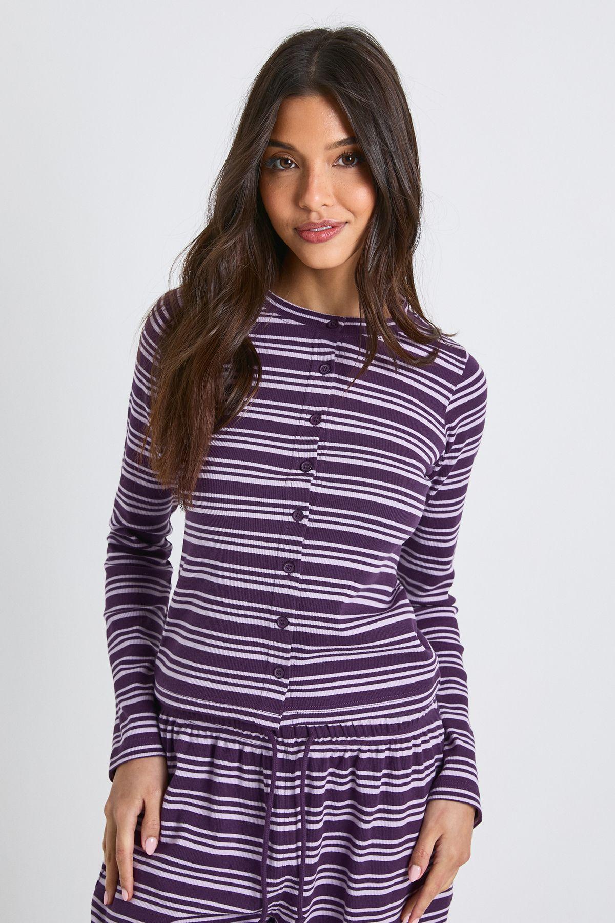 Stripe Rib Button Through Long Sleeve Top by BOOHOO