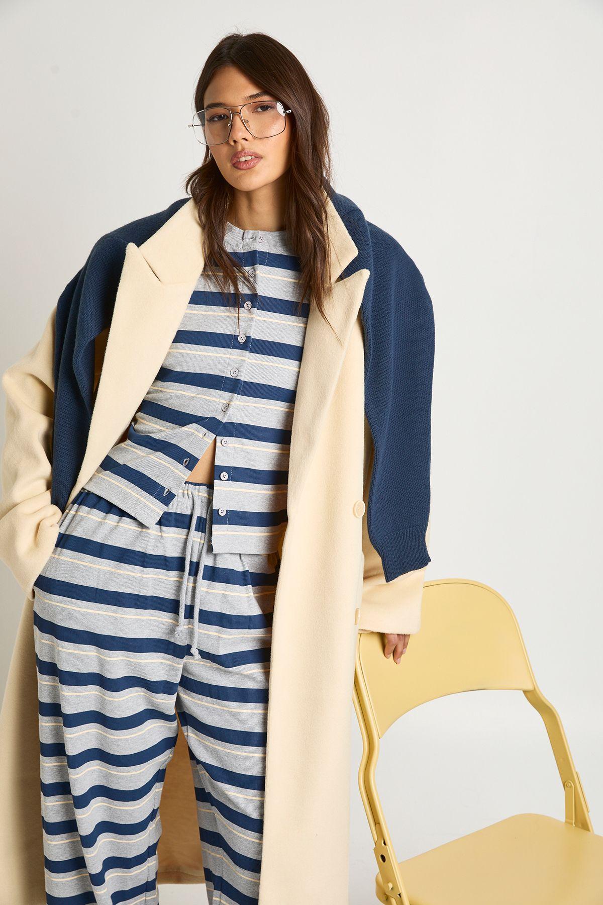 Stripe Rib Button Through Top by BOOHOO