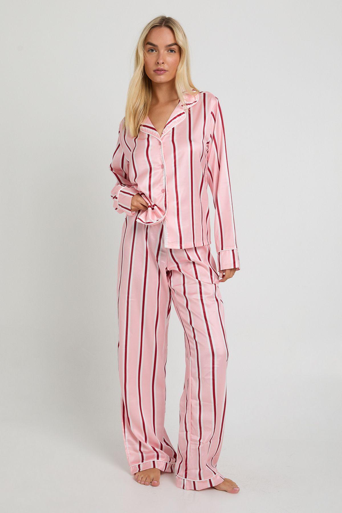 Stripe Satin Long Sleeve Shirt & Trousers Pyjama Set by BOOHOO Stripe Satin Long Sleeve Shirt & Trousers Pyjama Set by BOOHOO