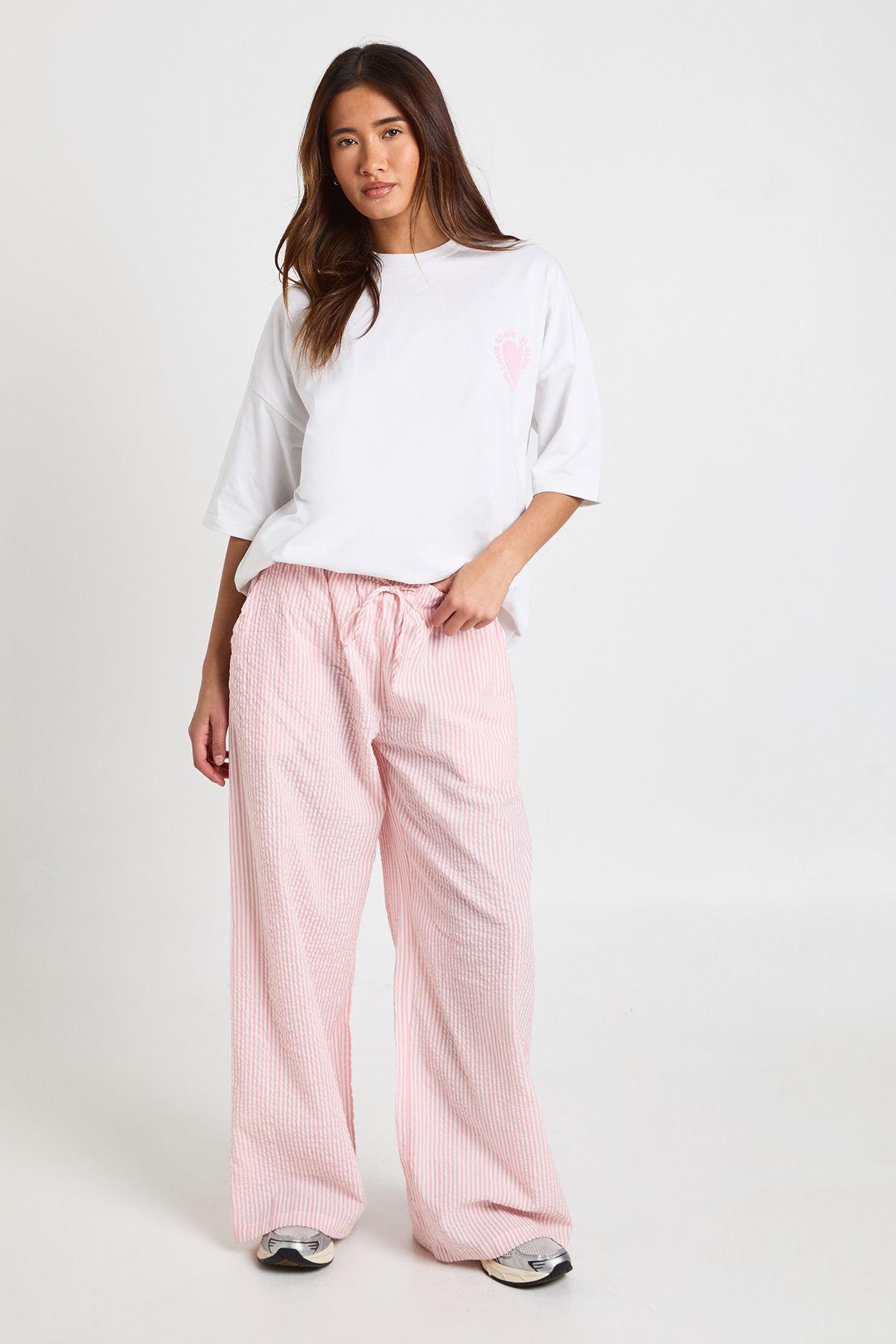 Stripe Seersucker Elasticated Waist Wide Leg Trouser by BOOHOO