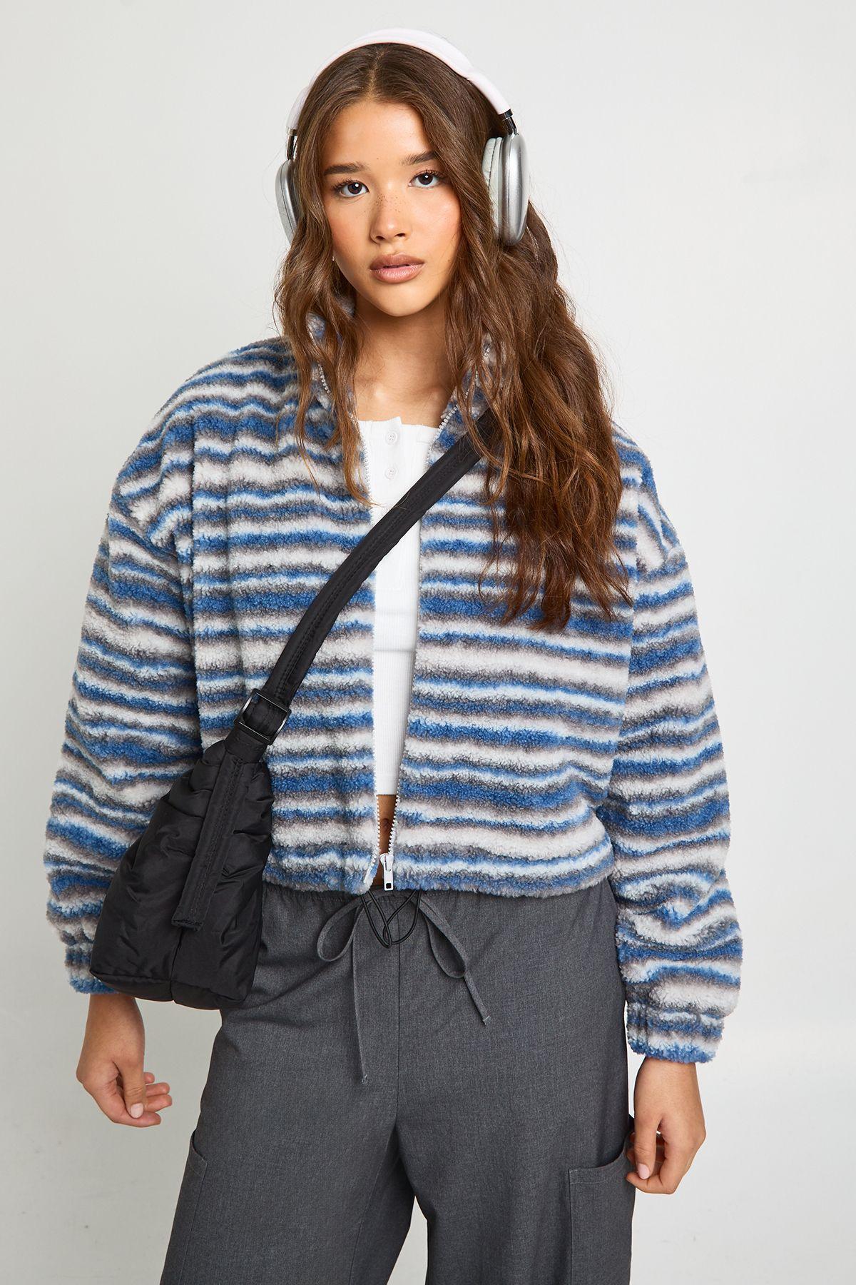 Stripe Teddy Zip Bomber Jacket by BOOHOO Stripe Teddy Zip Bomber Jacket by BOOHOO