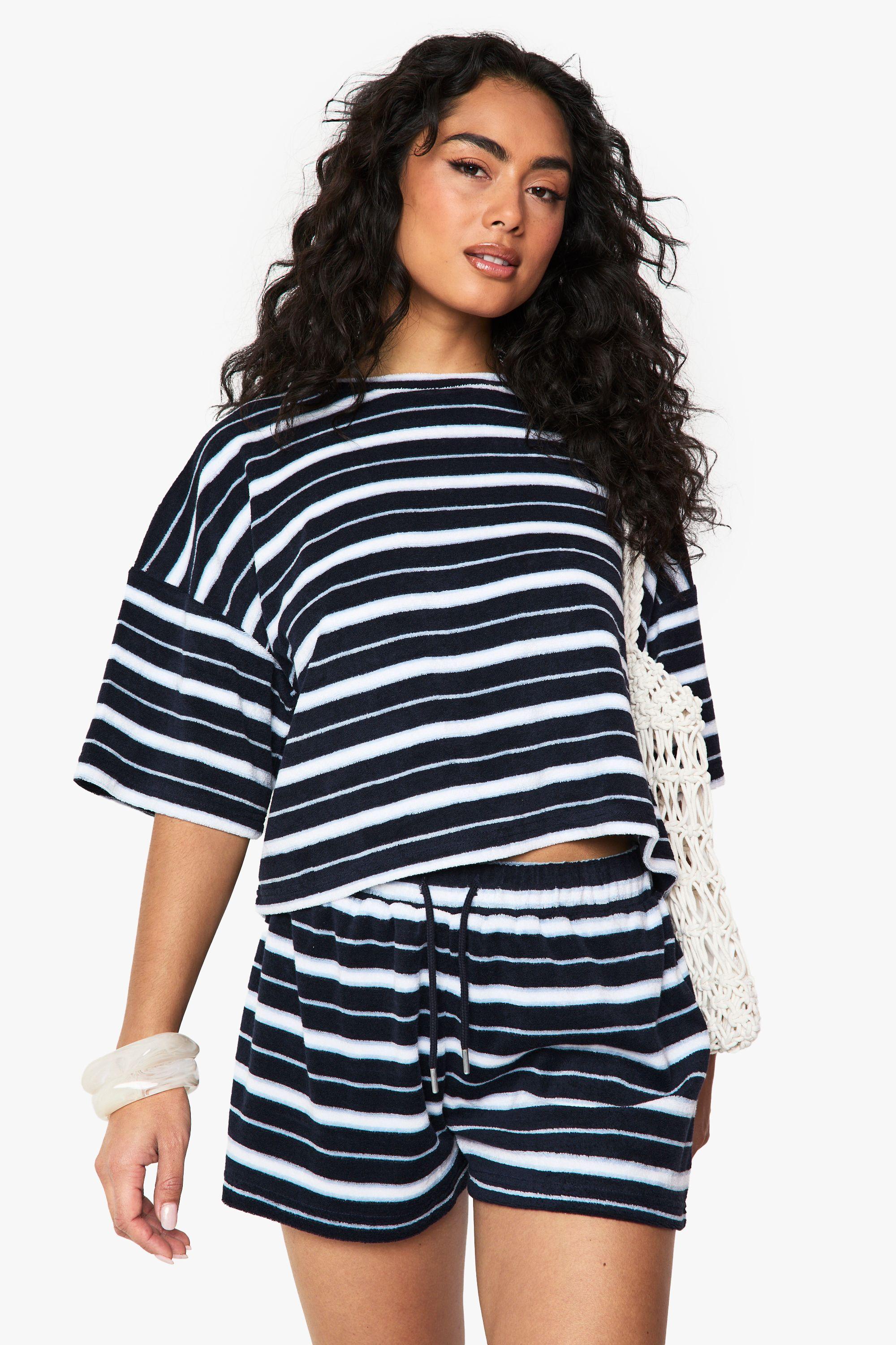 Stripe Towelling Boxy Crop Top by BOOHOO
