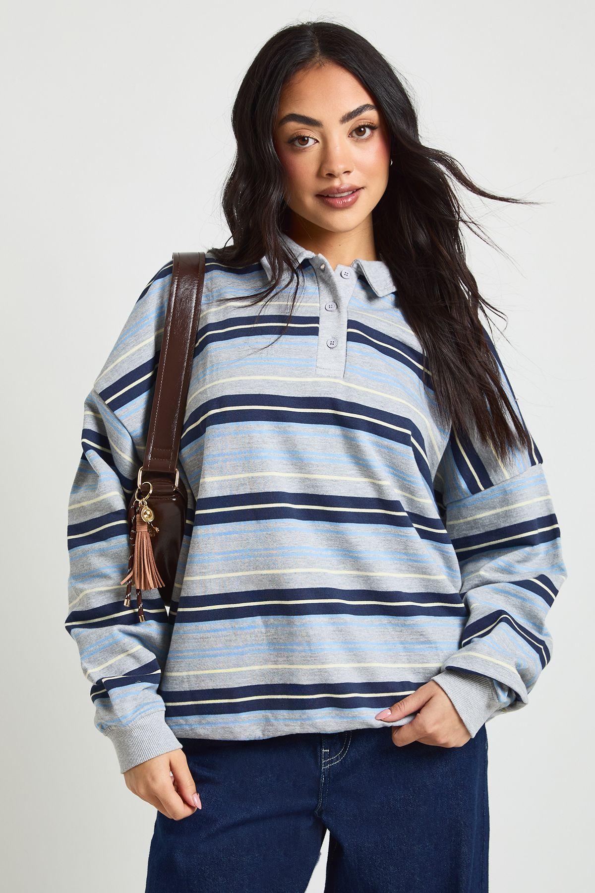 Striped Collared Rugby Shirt by BOOHOO