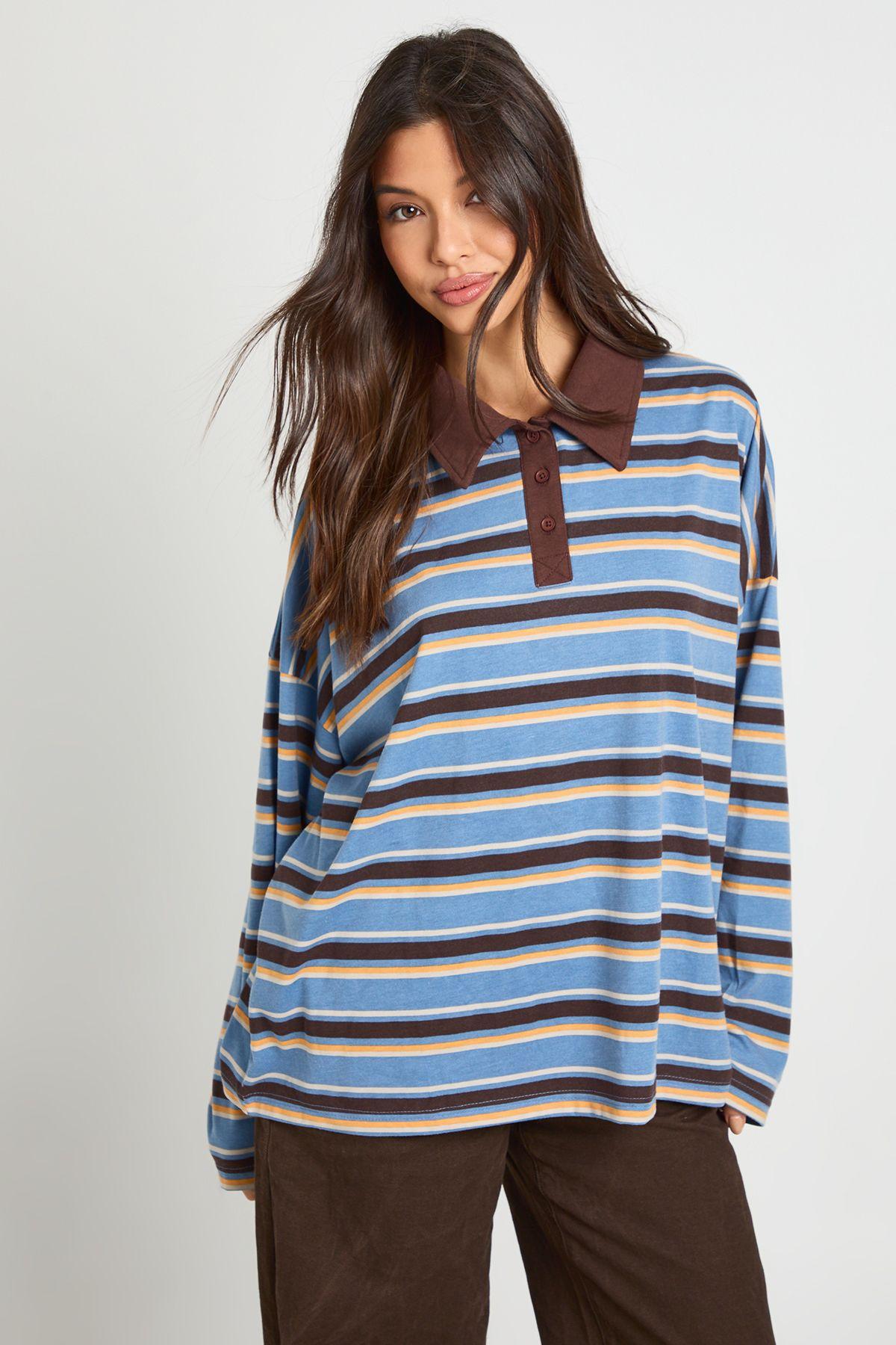 Striped Contrast Collar Button up Rugby Top by BOOHOO