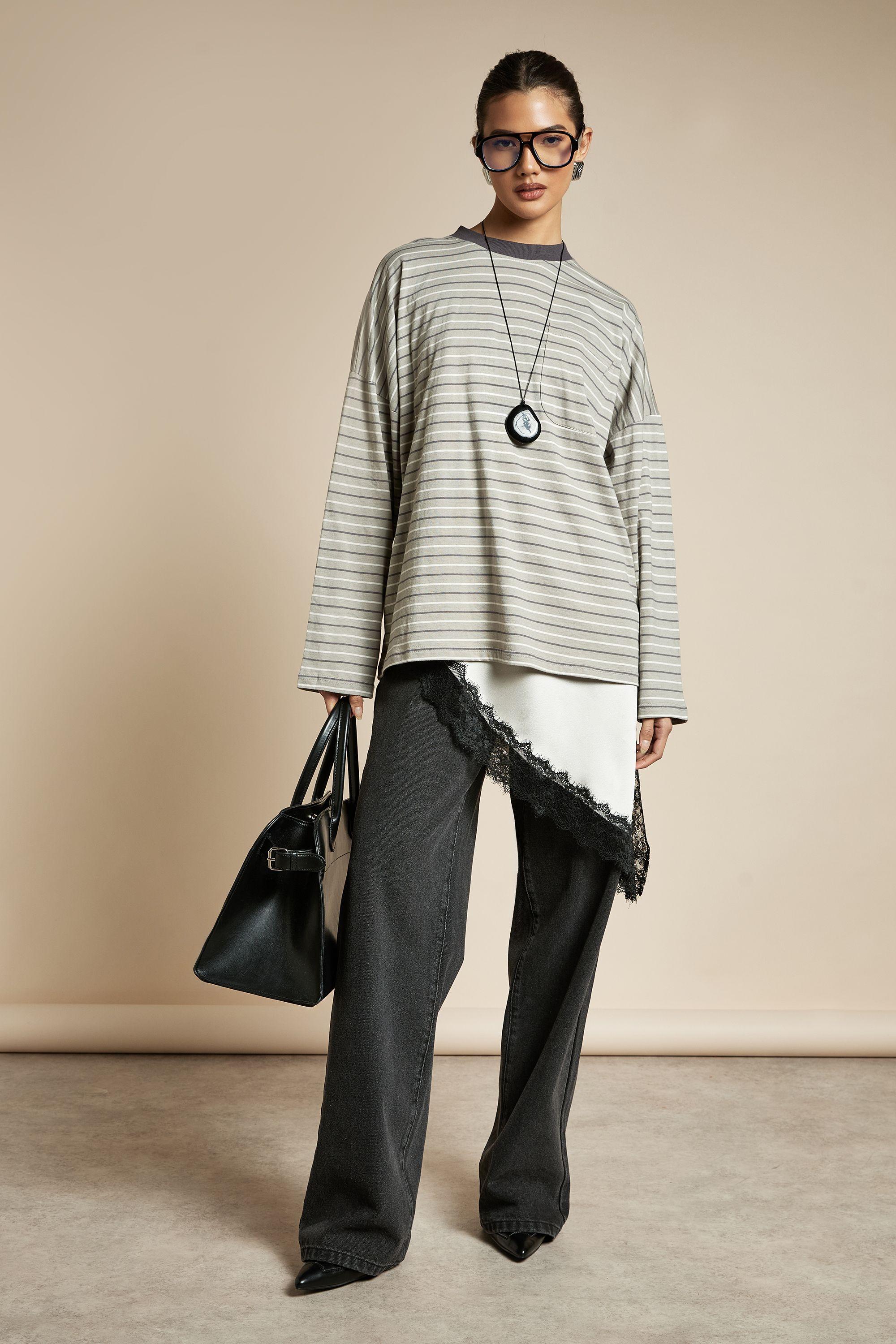 Striped Cotton Pocket Front Long Sleeve Top by BOOHOO