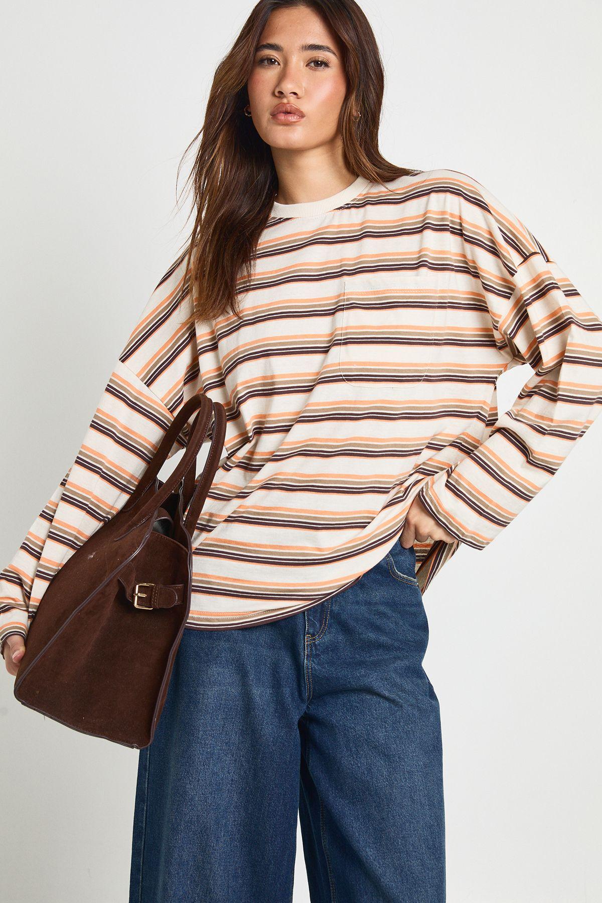 Striped Cotton Pocket Front Long Sleeve Top by BOOHOO