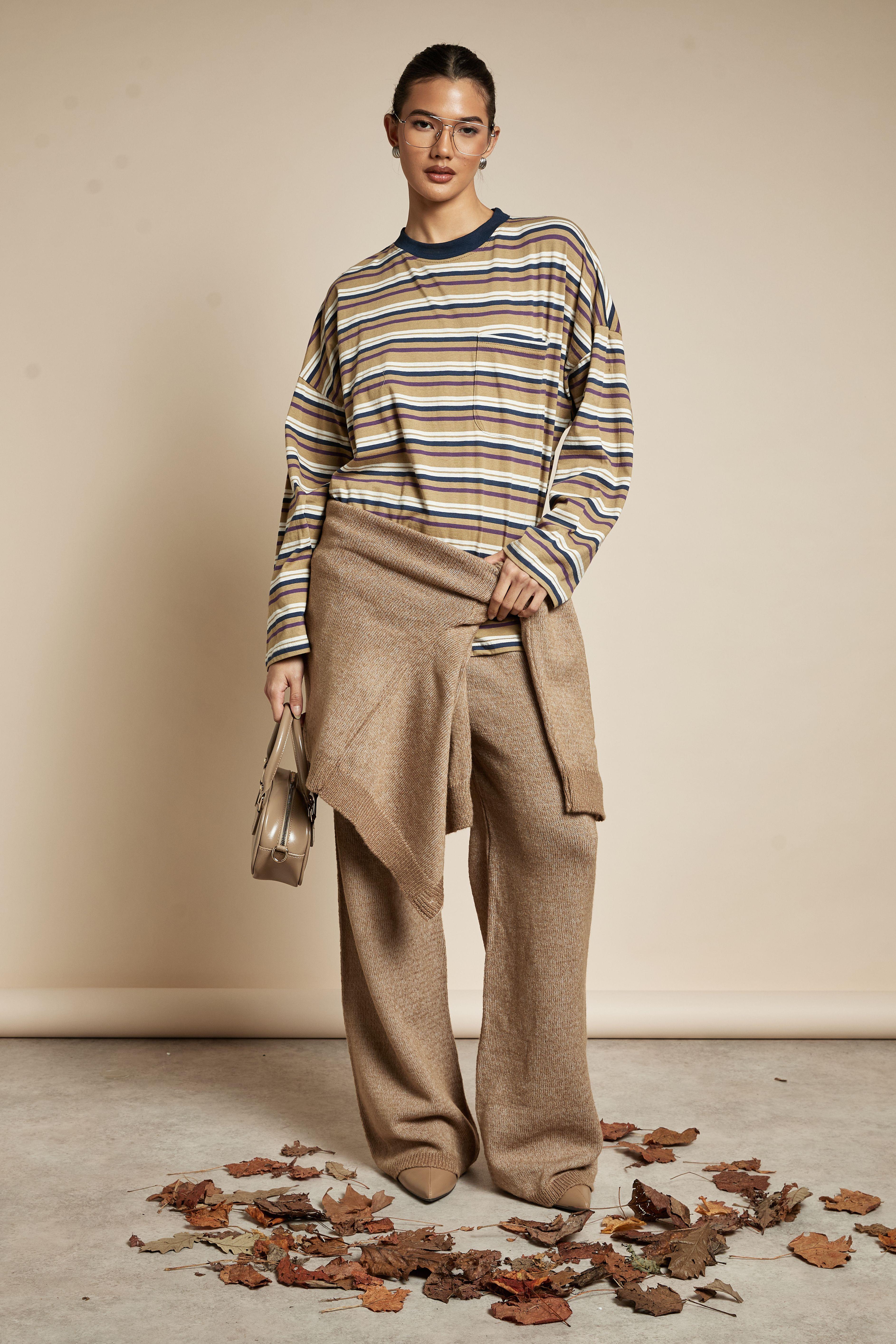 Striped Cotton Pocket Front Long Sleeve Top by BOOHOO