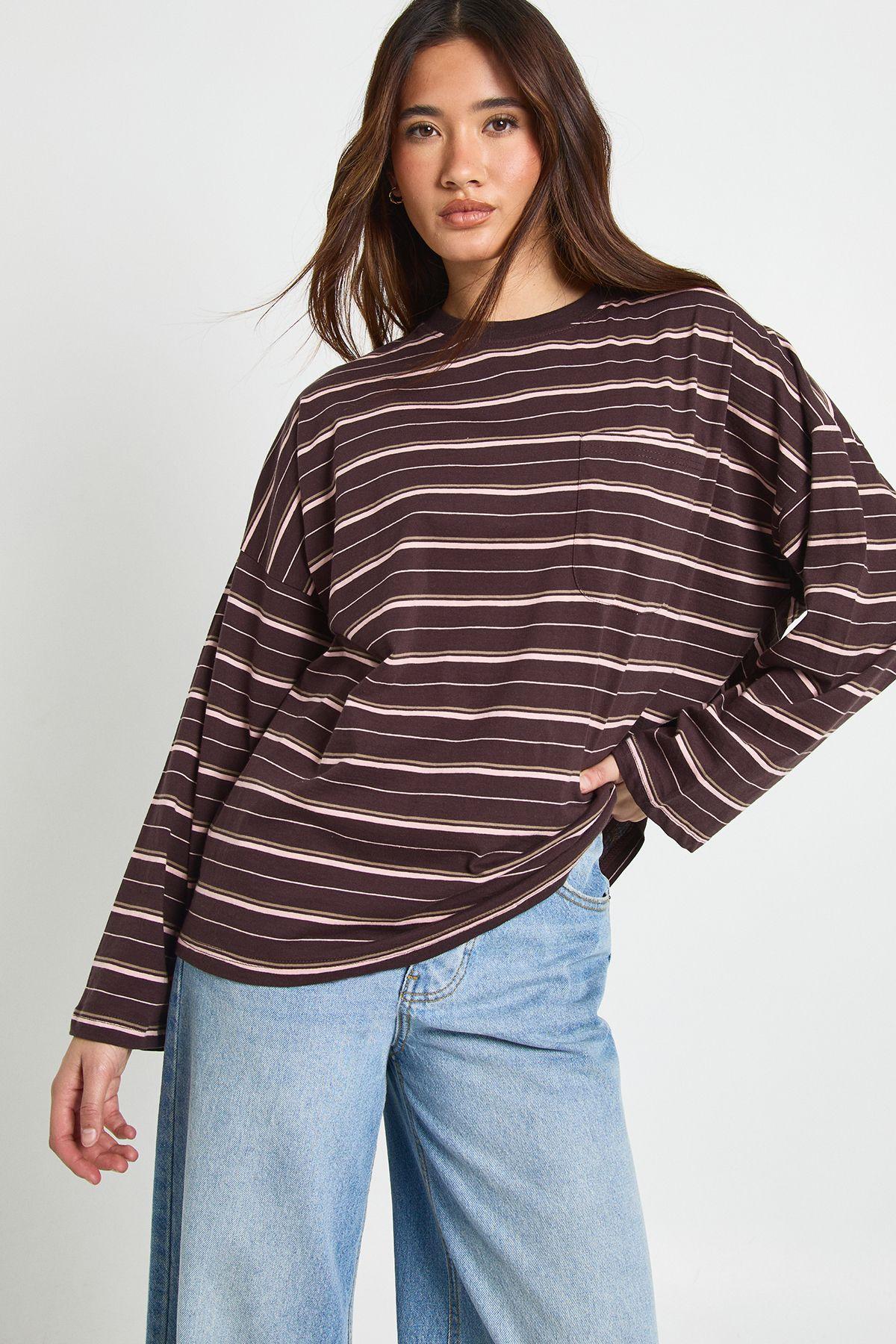 Striped Cotton Pocket Front Long Sleeve Top by BOOHOO