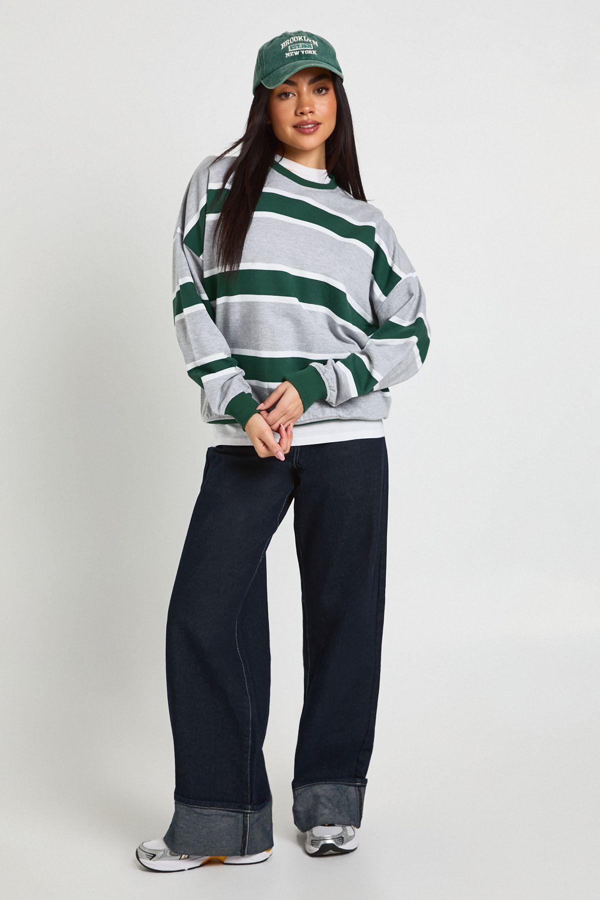 Striped Crew Neck Oversized Sweatshirt by BOOHOO