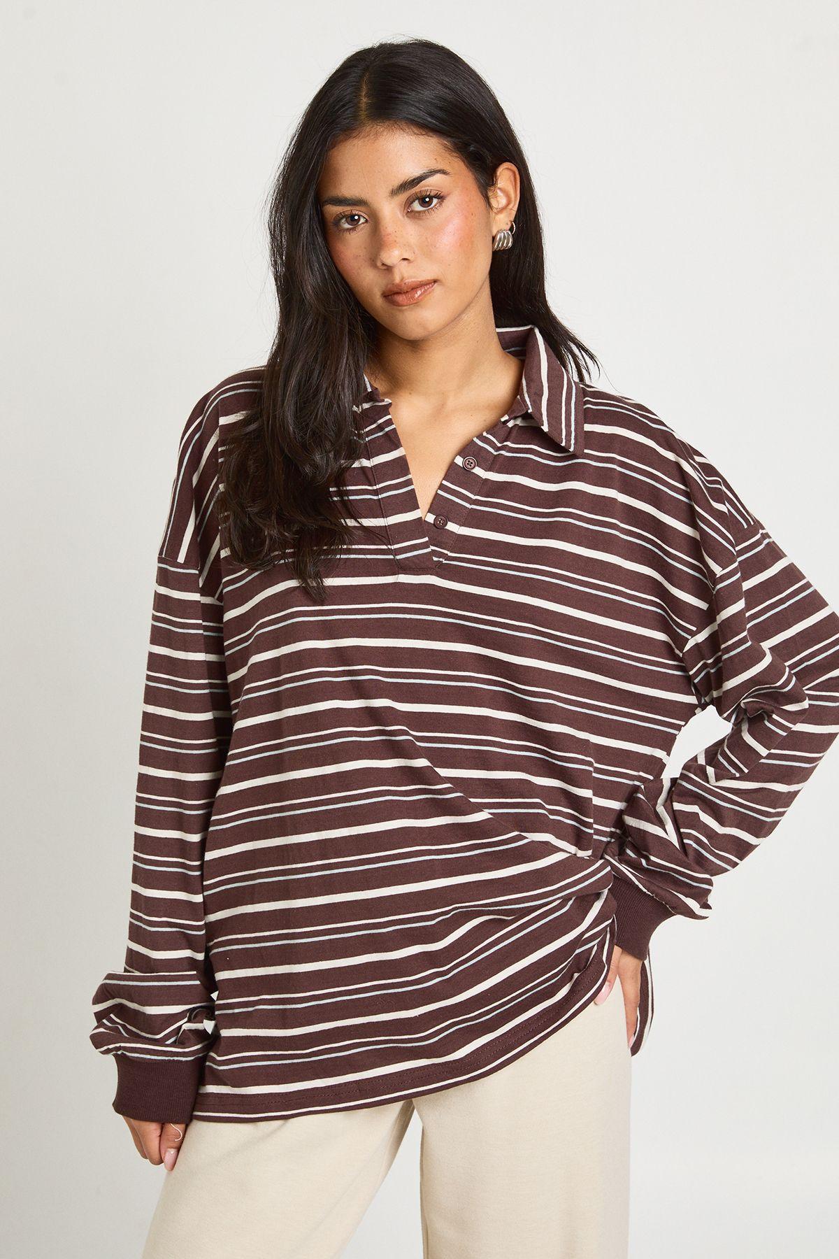 Striped Heavy Cotton Collared Rugby Top by BOOHOO