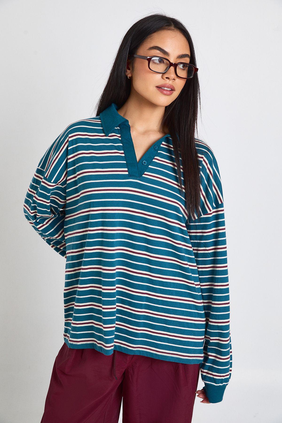 Striped Heavy Cotton Collared Rugby Top by BOOHOO