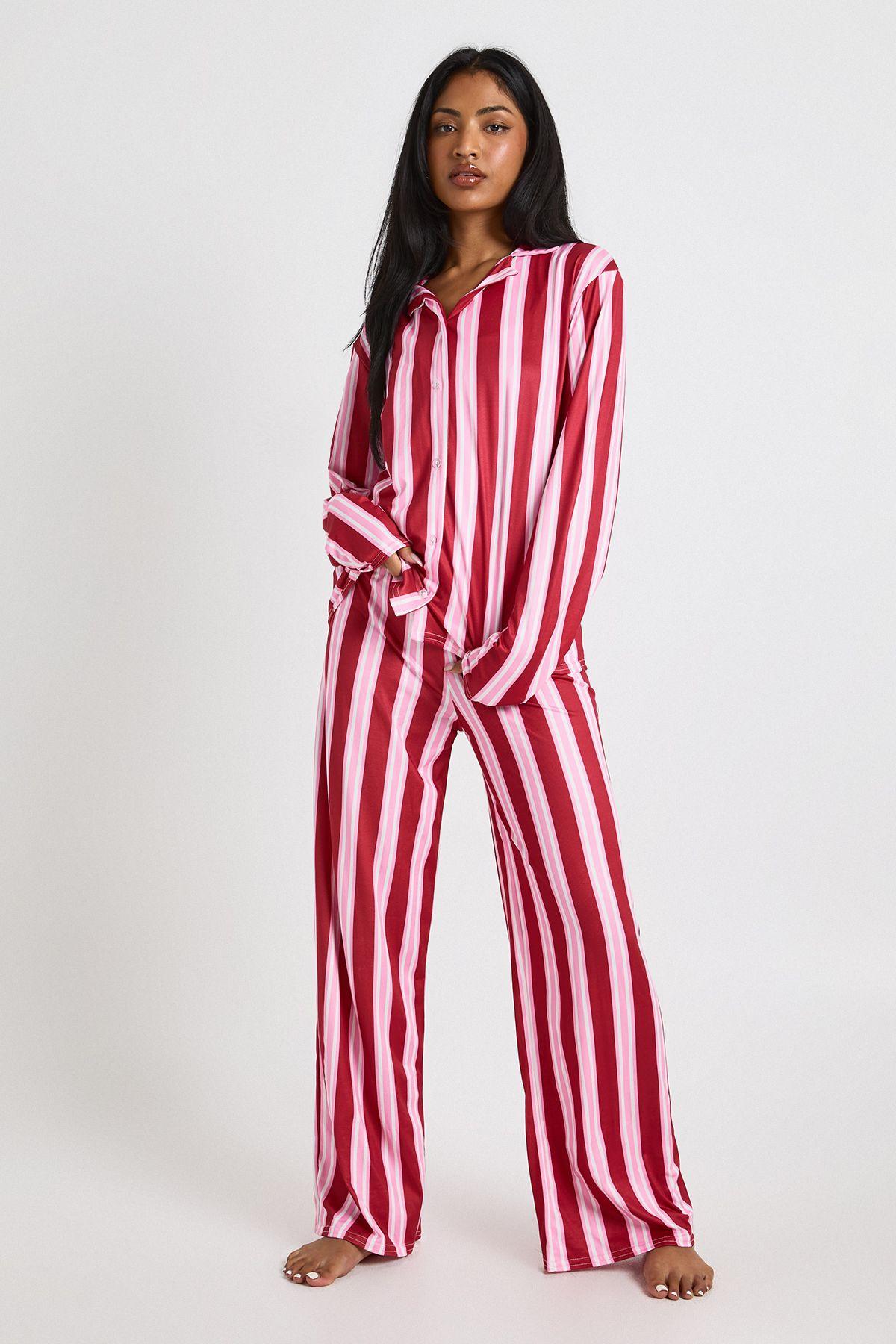 Striped Long Sleeve Shirt & Trousers Pyjama Set by BOOHOO