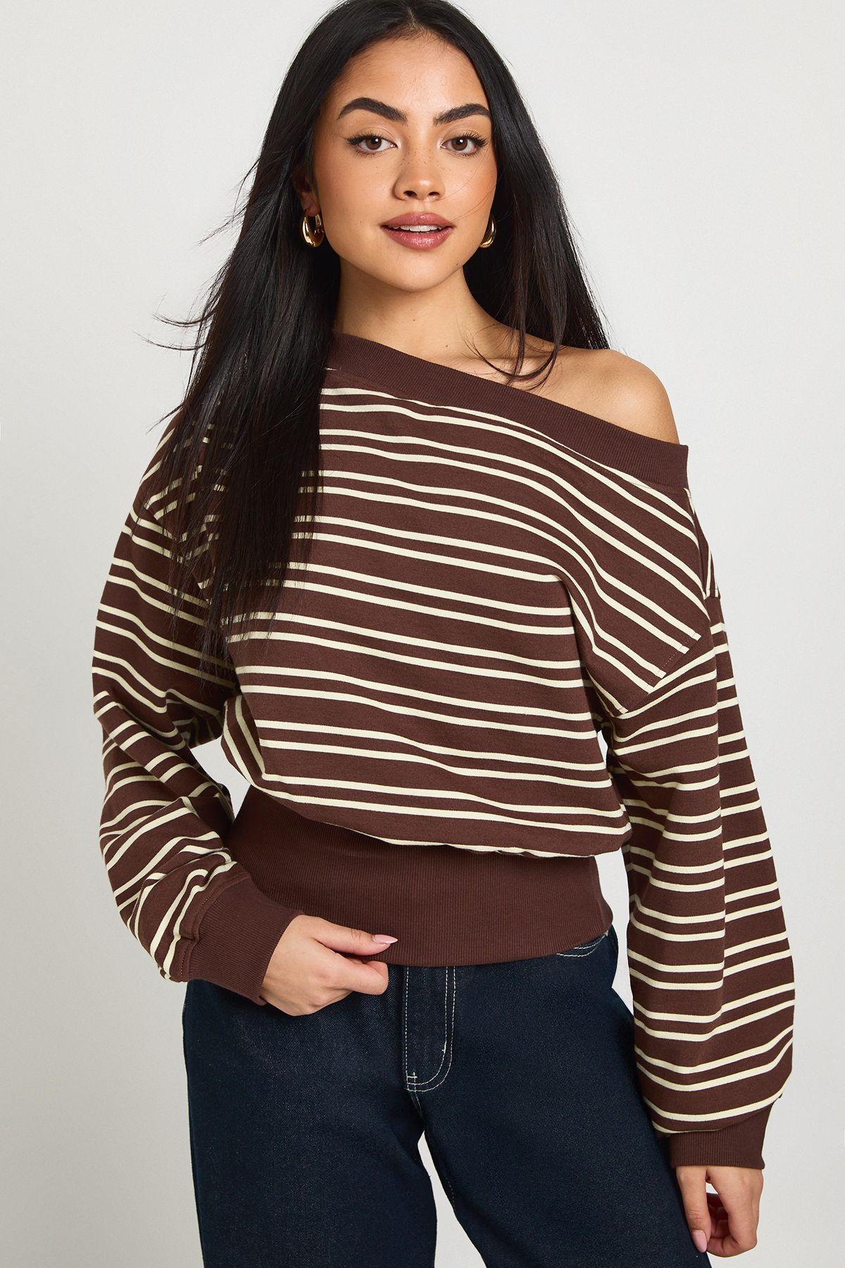 Striped Off Shoulder Deep Hem Sweatshirt by BOOHOO