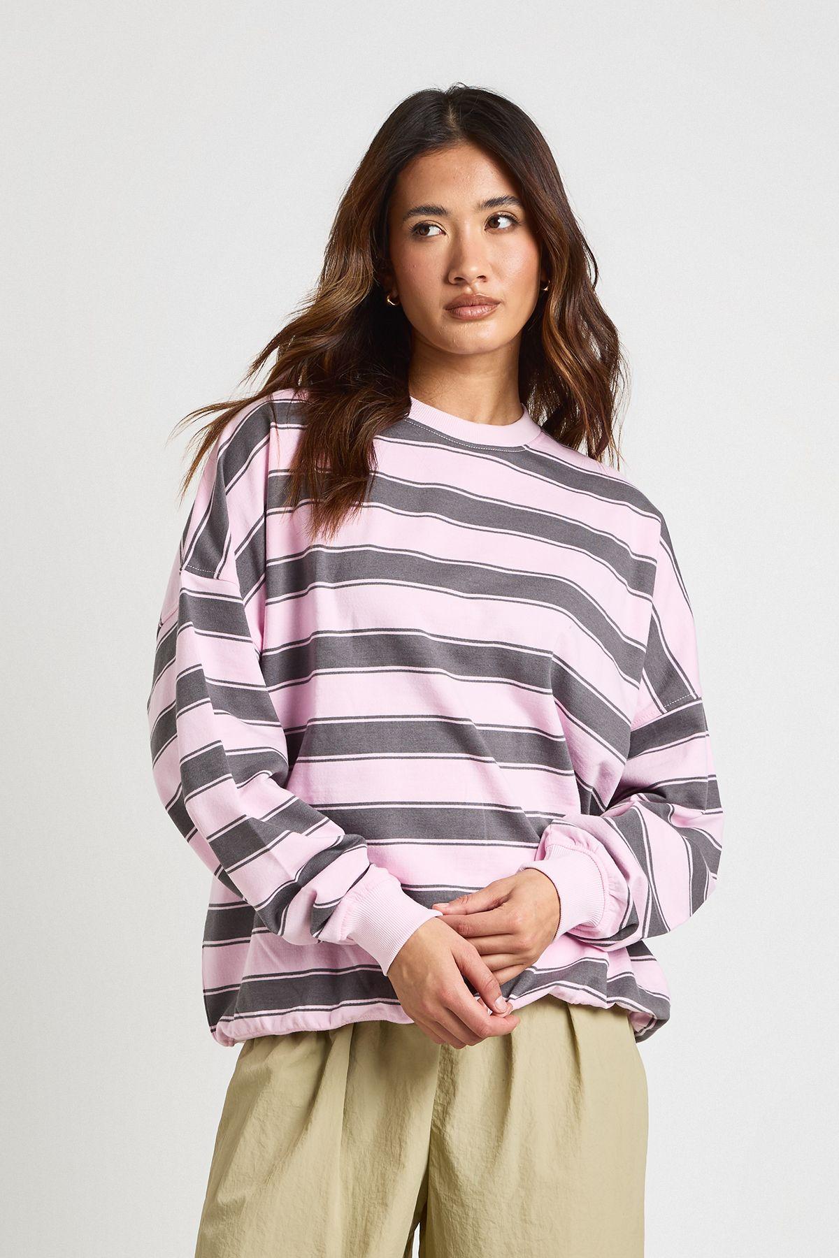 Striped Oversized Crew Neck Sweatshirt by BOOHOO
