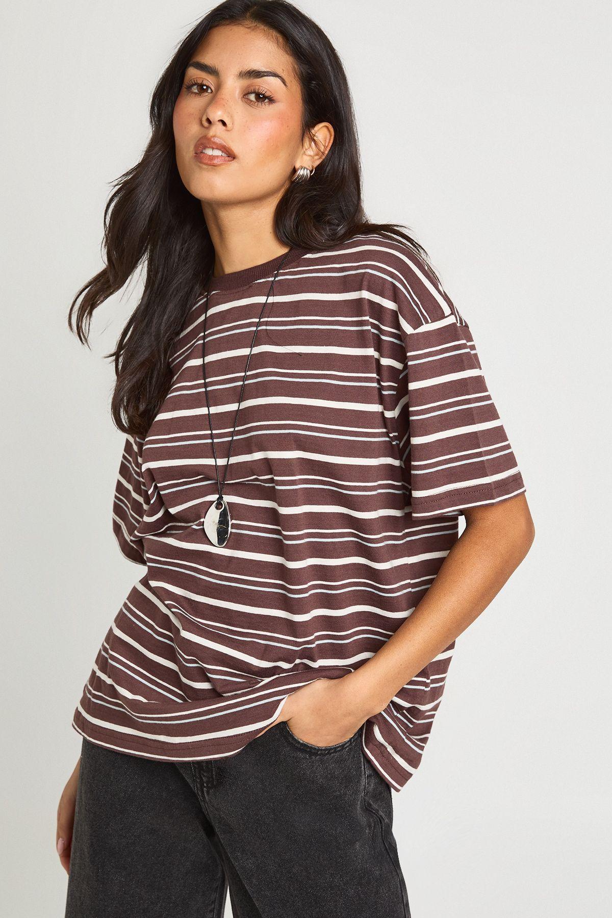 Striped Oversized Short Sleeve T-Shirt by BOOHOO