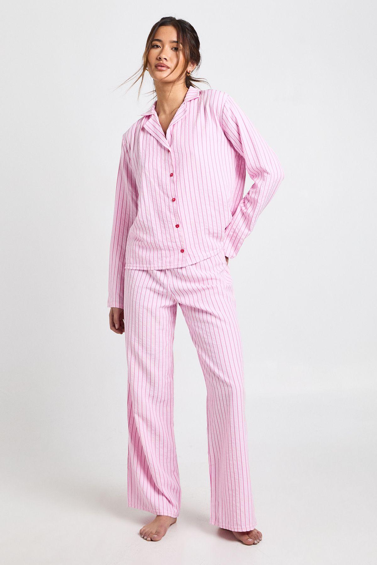Striped Textured Long Sleeve Shirt & Trouser Pyjama 3 Piece Set by BOOHOO